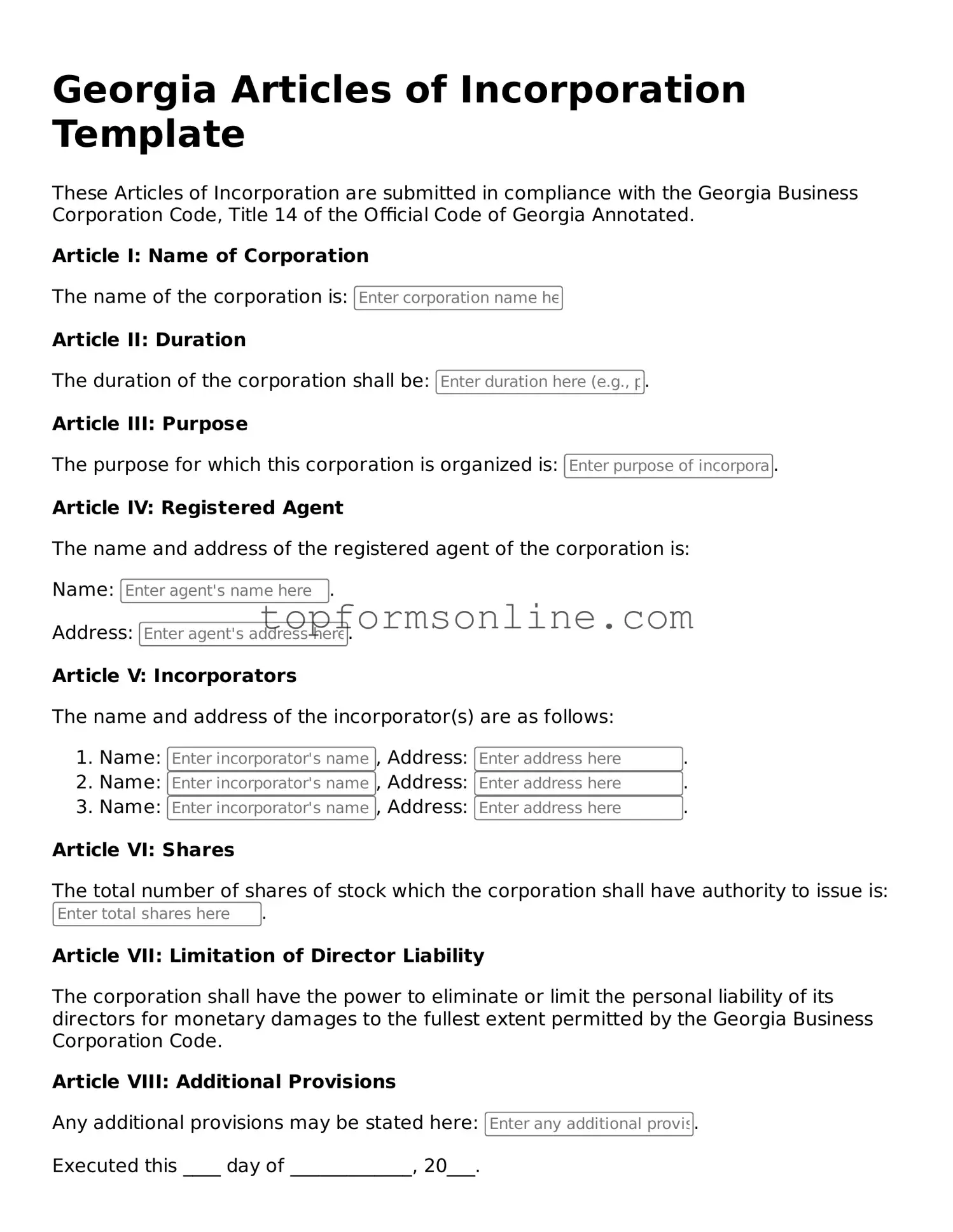 Printable Georgia Articles of Incorporation Template