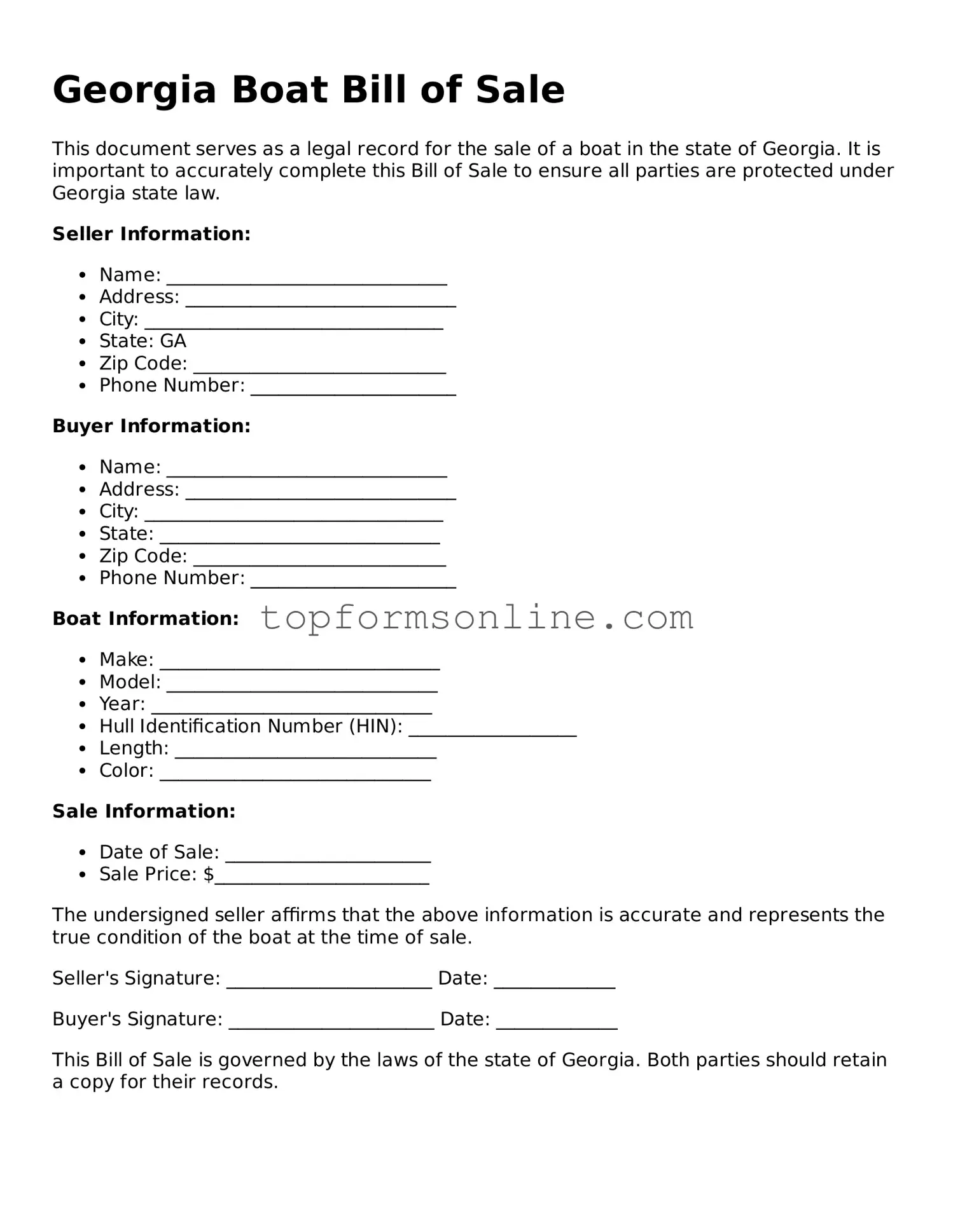 Printable Georgia Boat Bill of Sale Template