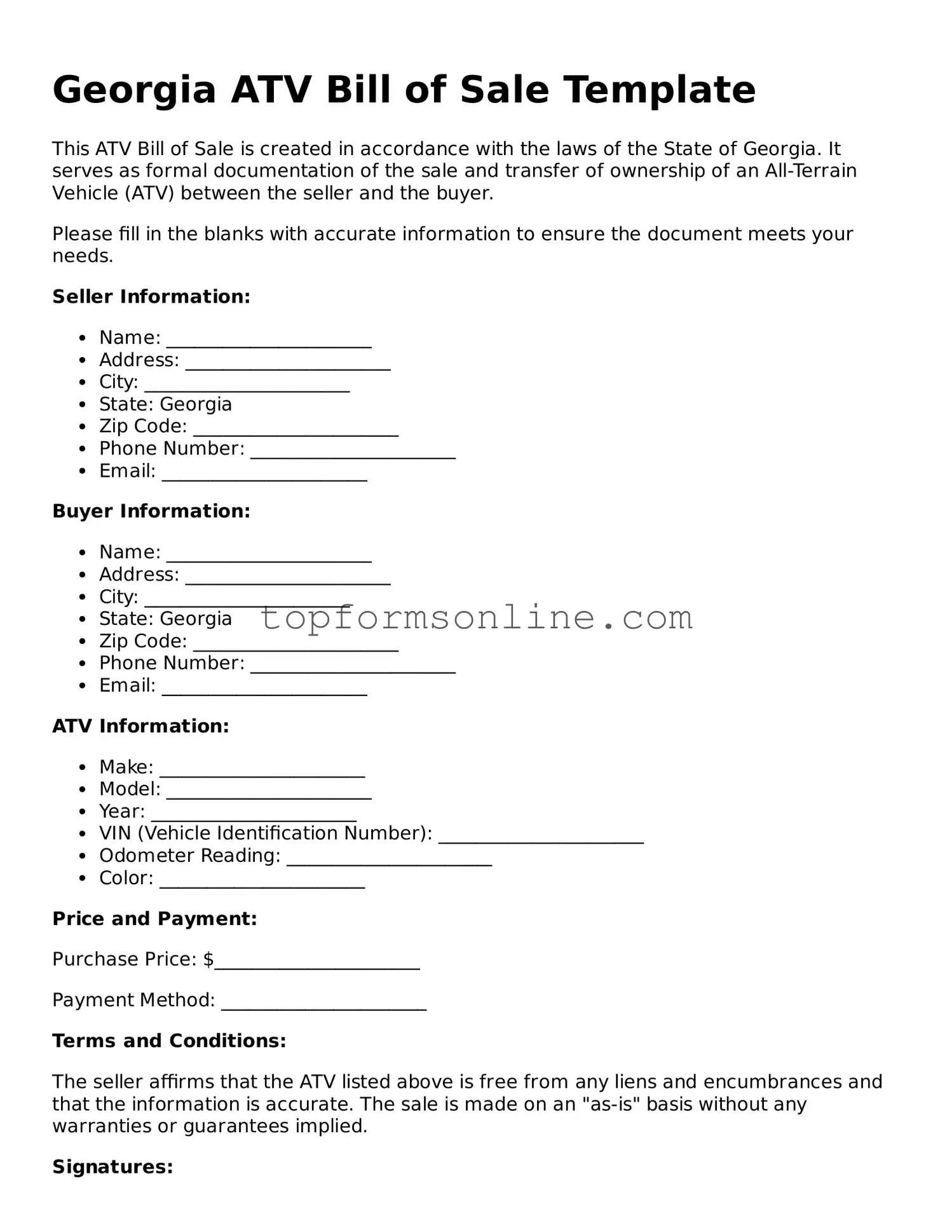 Printable Georgia ATV Bill of Sale Template