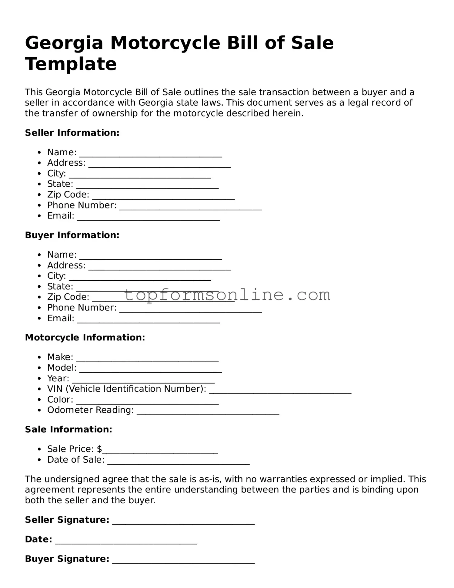 Printable Georgia Motorcycle Bill of Sale Template