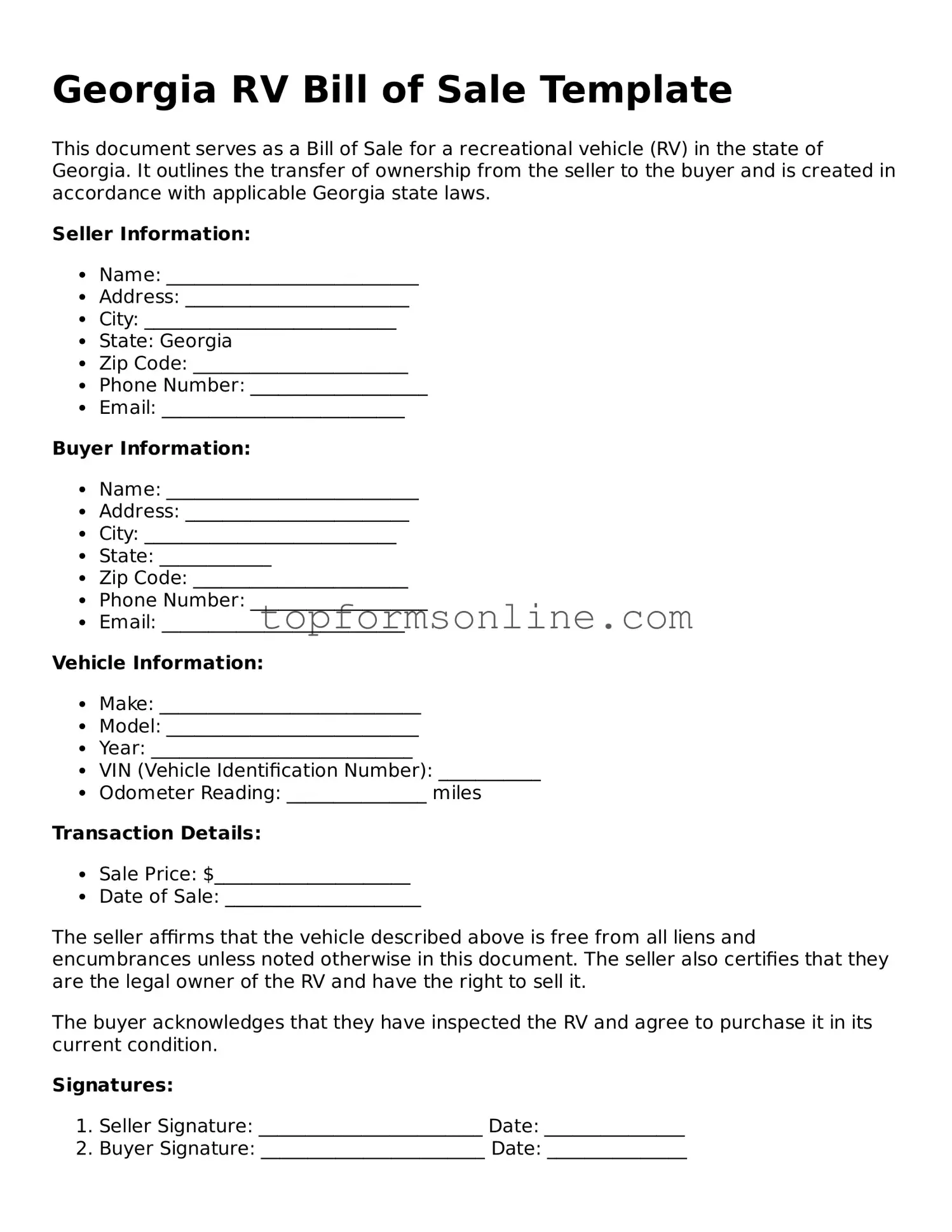 Printable Georgia RV Bill of Sale Template