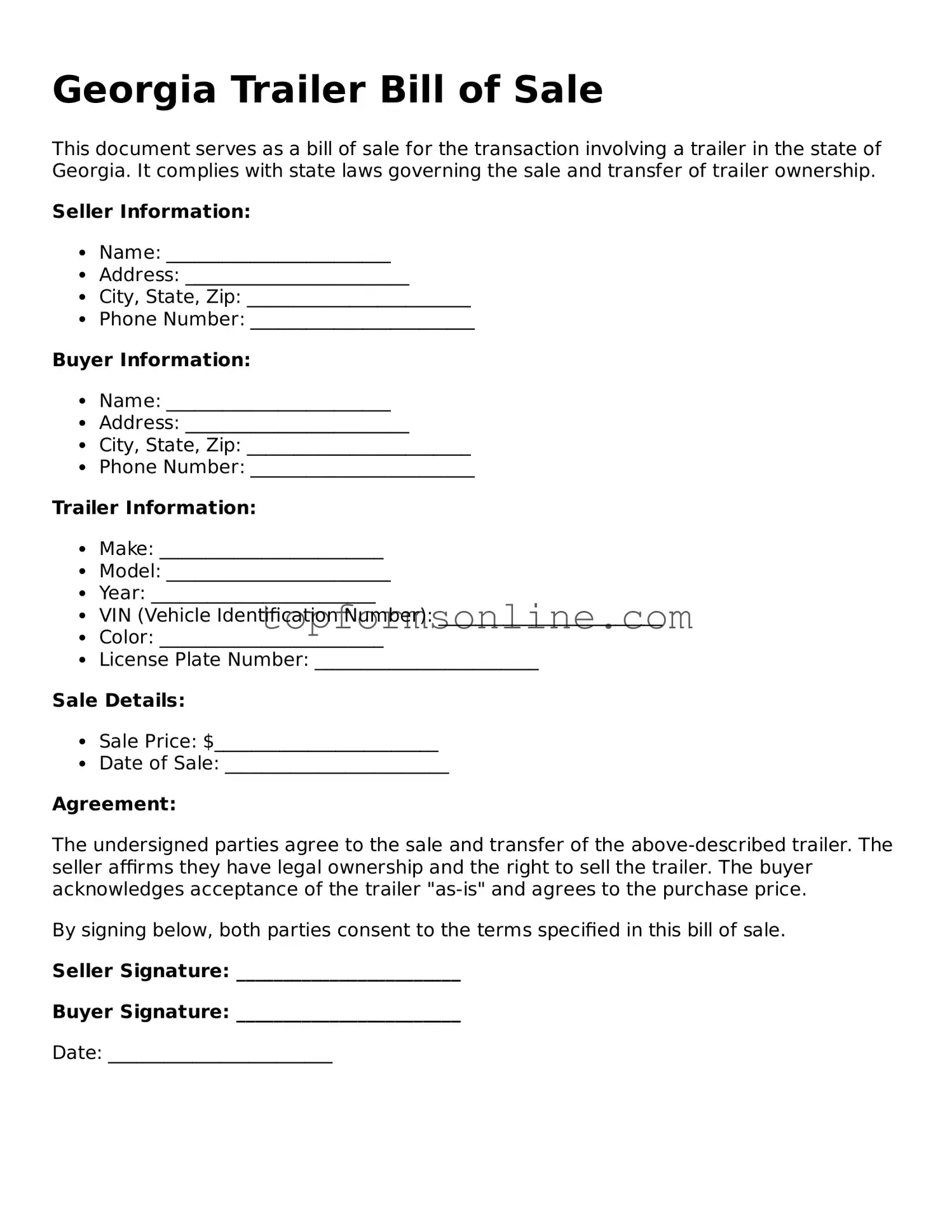 Printable Georgia Trailer Bill of Sale Template