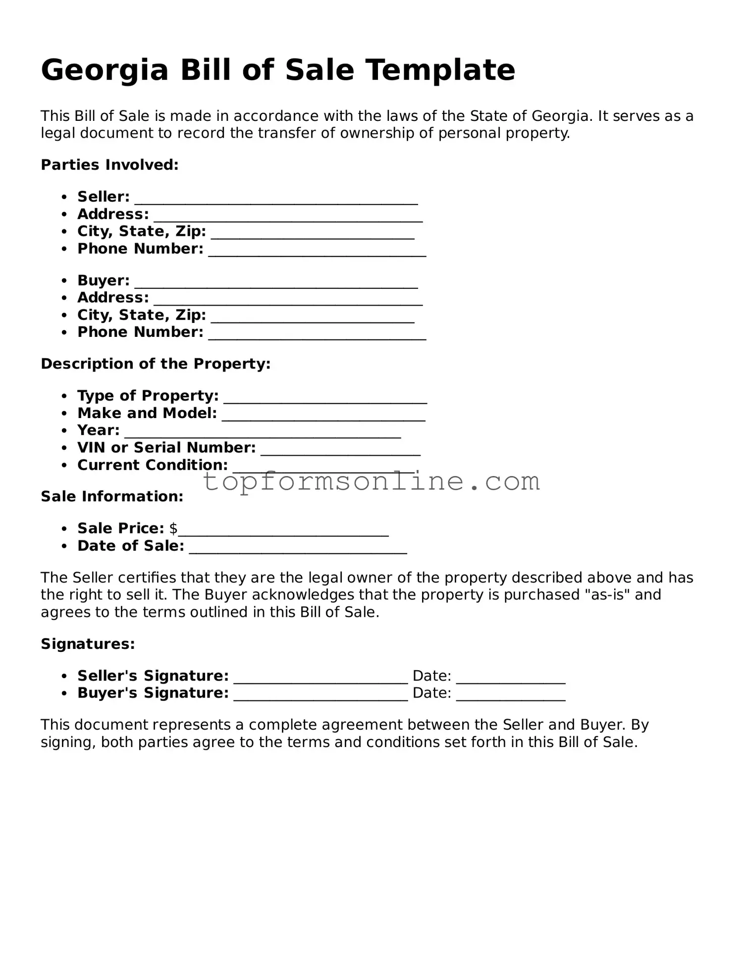 Printable Georgia Bill of Sale Template