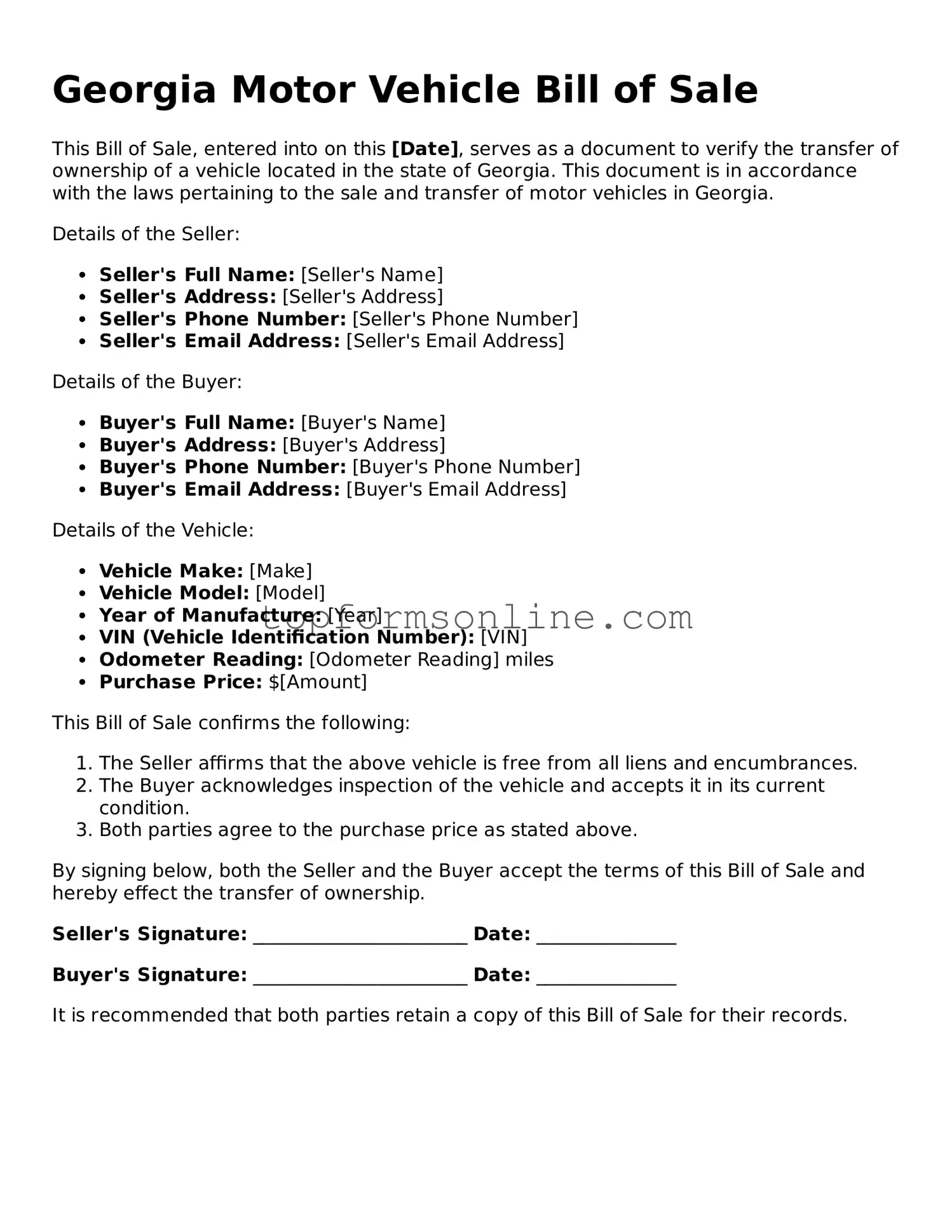 Printable Georgia Motor Vehicle Bill of Sale Template