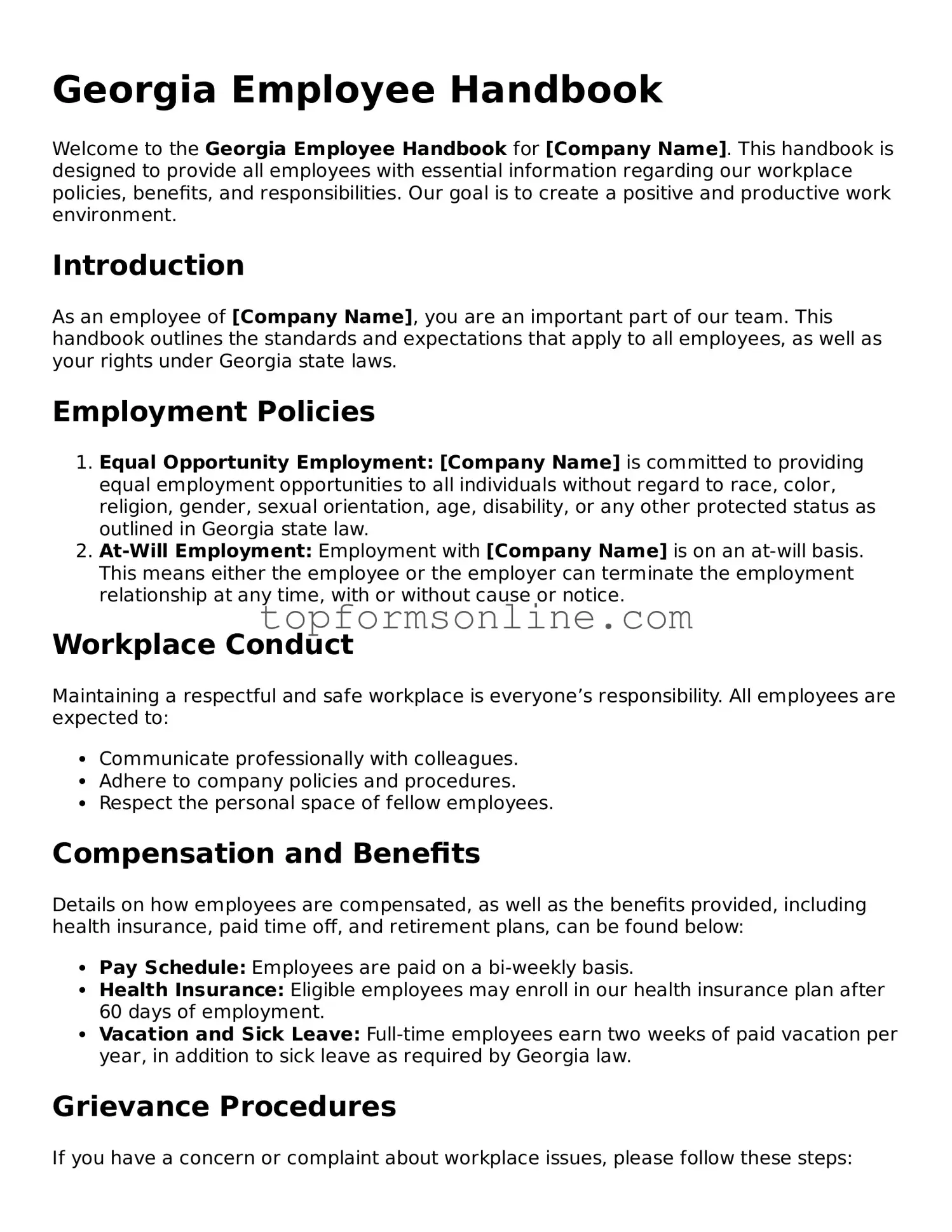 Printable Georgia Employee Handbook Template