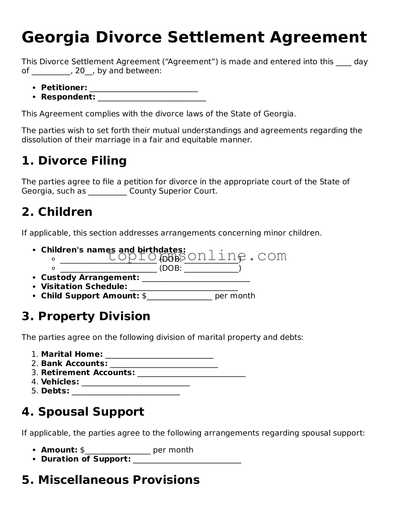 Printable Georgia Divorce Settlement Agreement Template