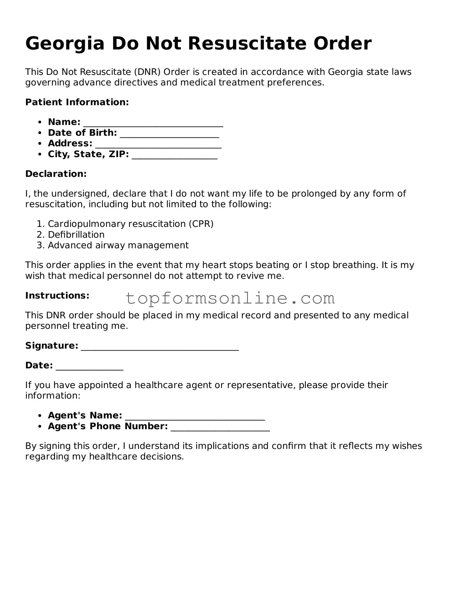 Printable Georgia Do Not Resuscitate Order Template