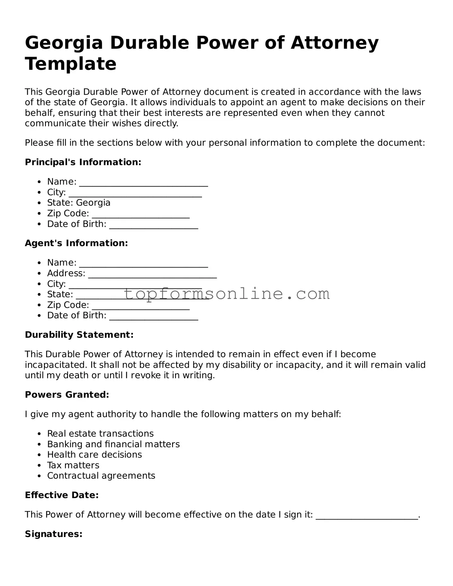 Printable Georgia Durable Power of Attorney Template
