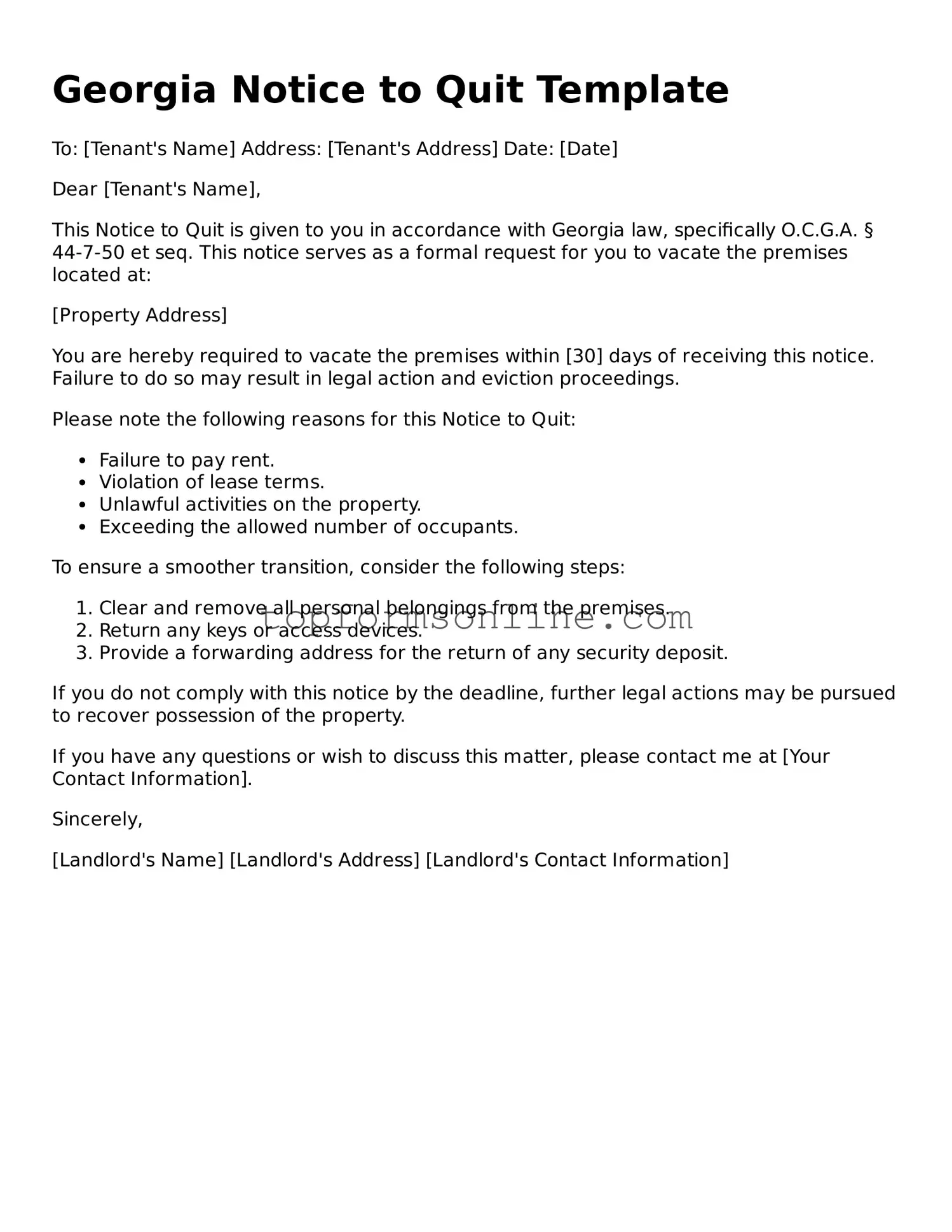 Printable Georgia Notice to Quit Template