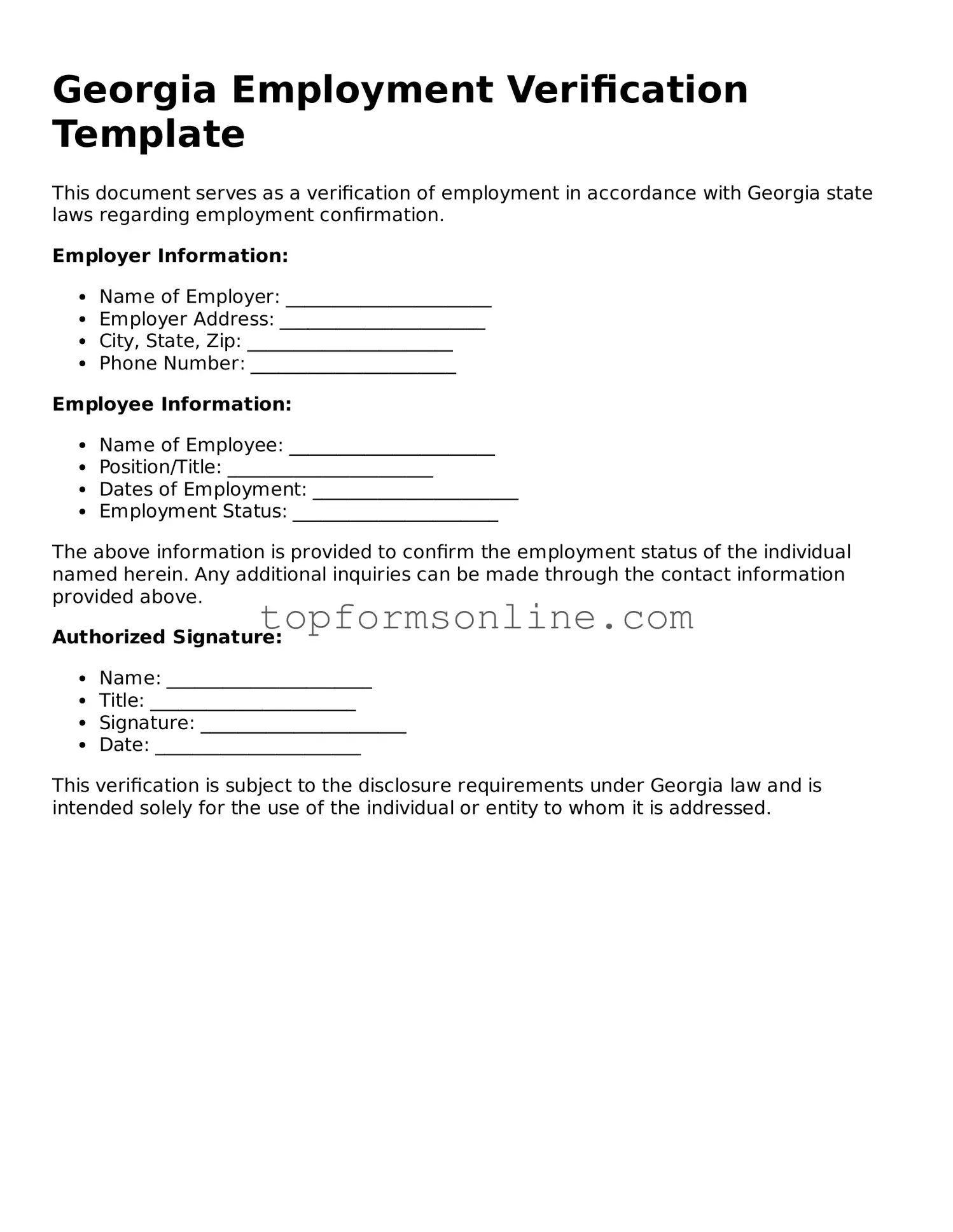 Printable Georgia Employment Verification Template