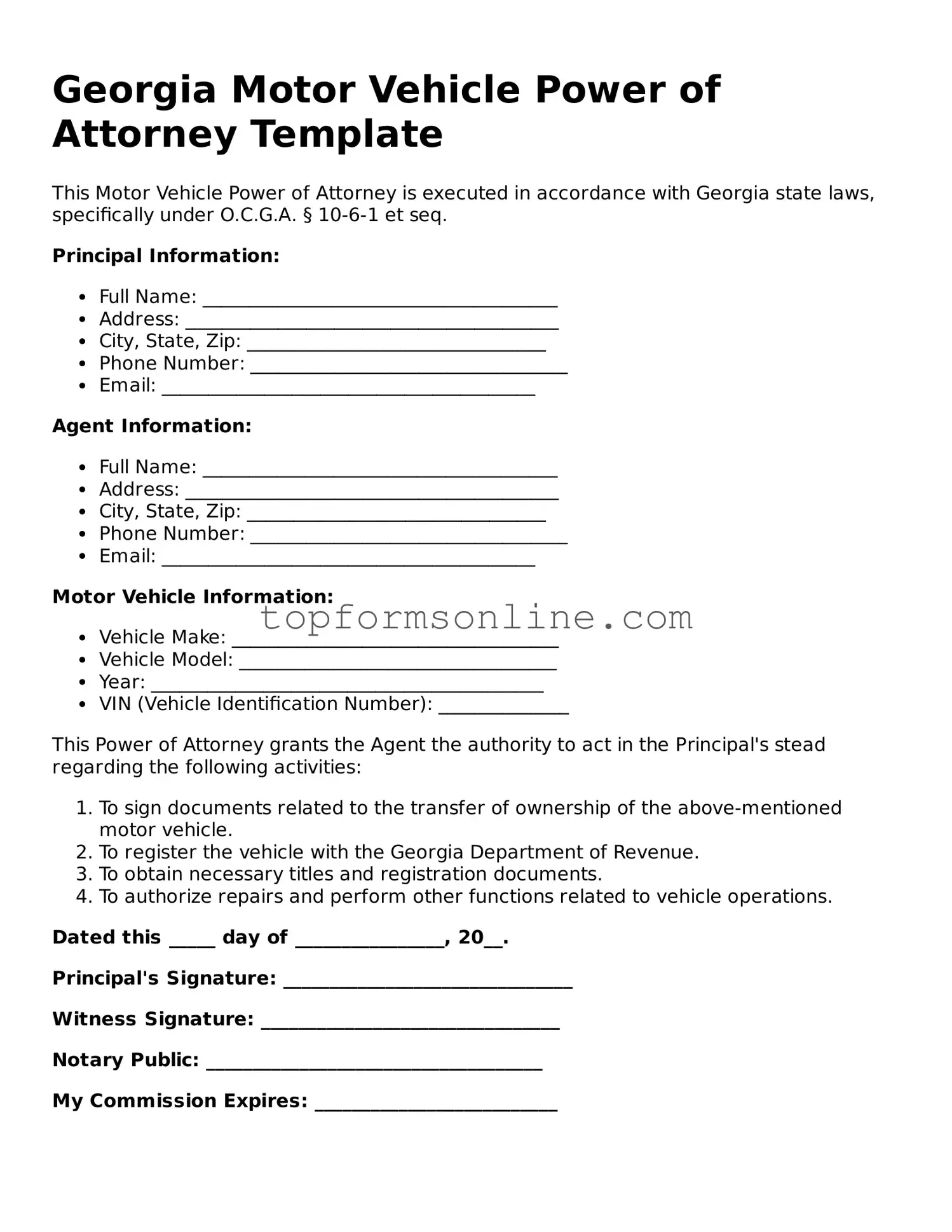 Printable Georgia Motor Vehicle Power of Attorney Template