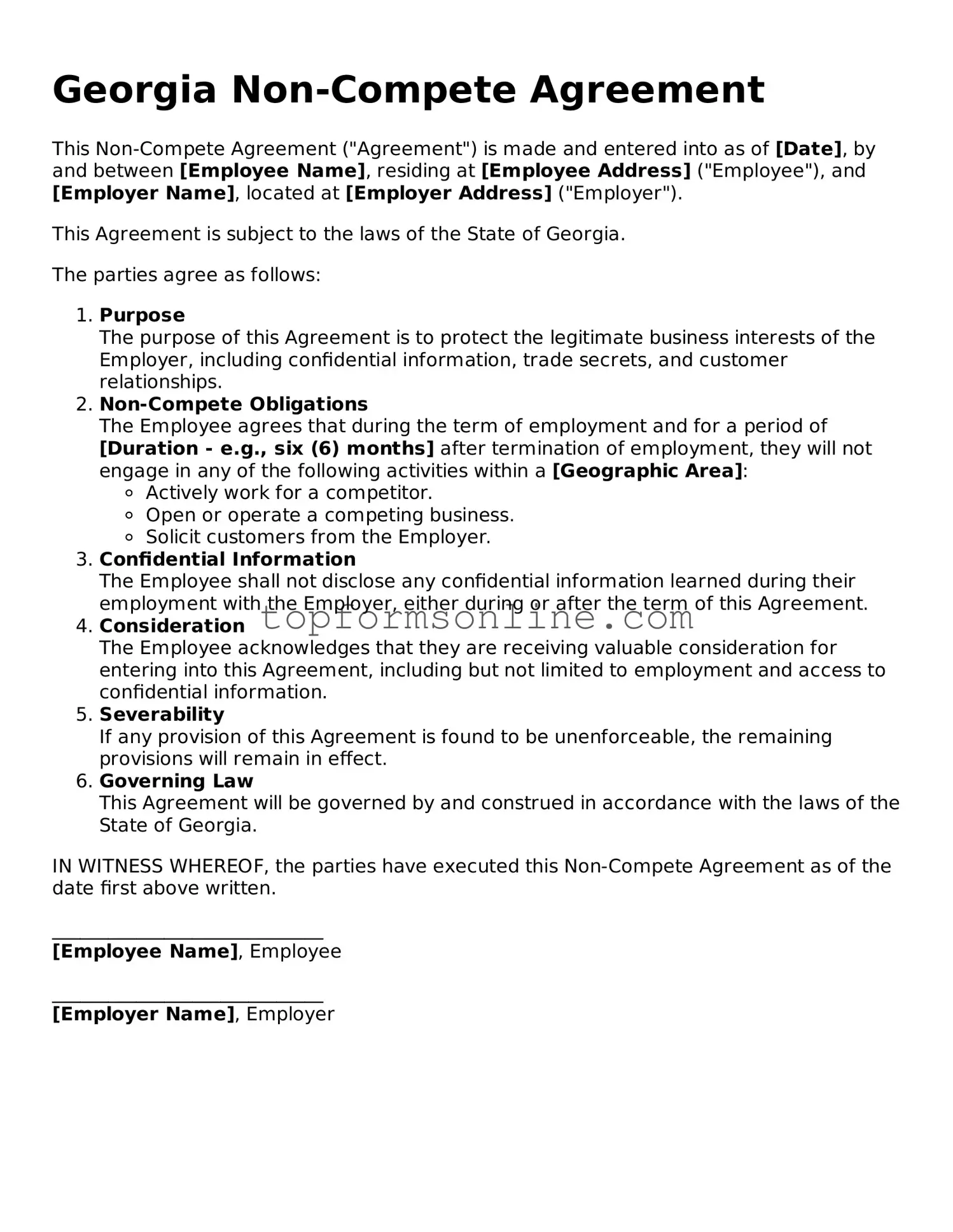 Printable Georgia Non-compete Agreement Template