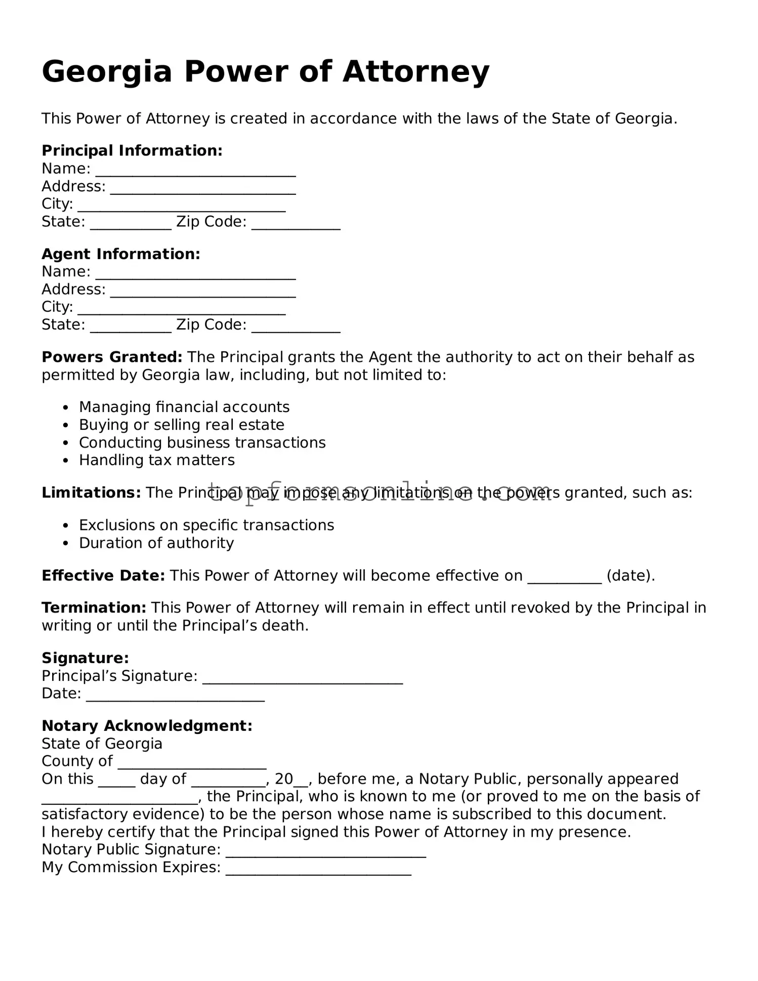Printable Georgia Power of Attorney Template