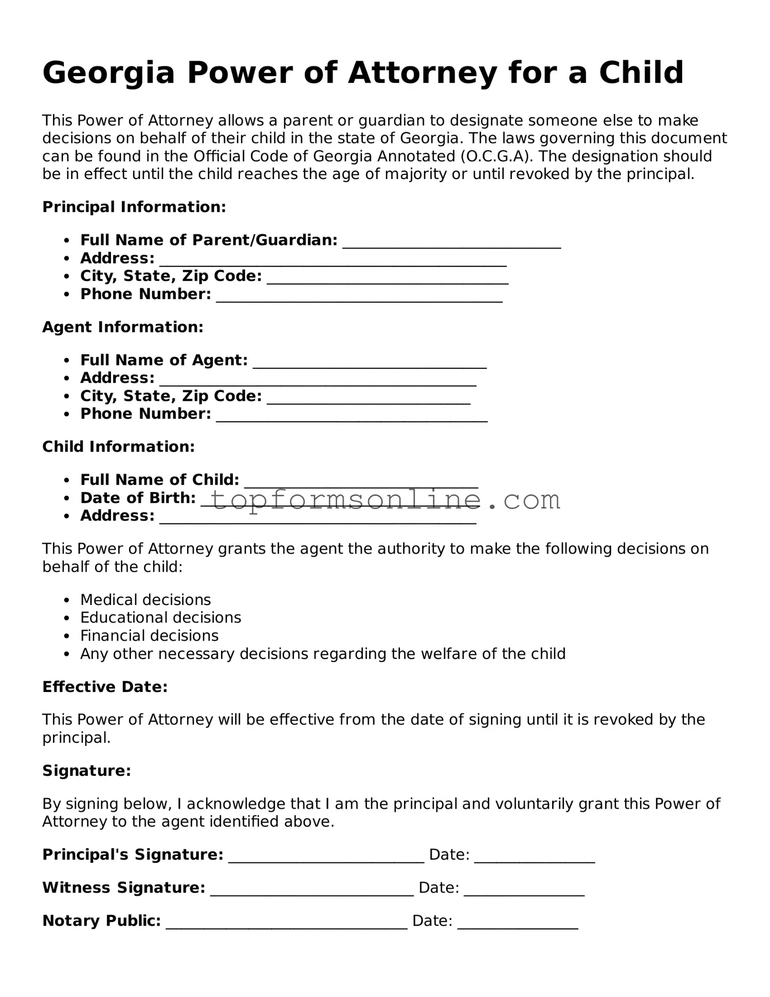 Printable Georgia Power of Attorney for a Child Template