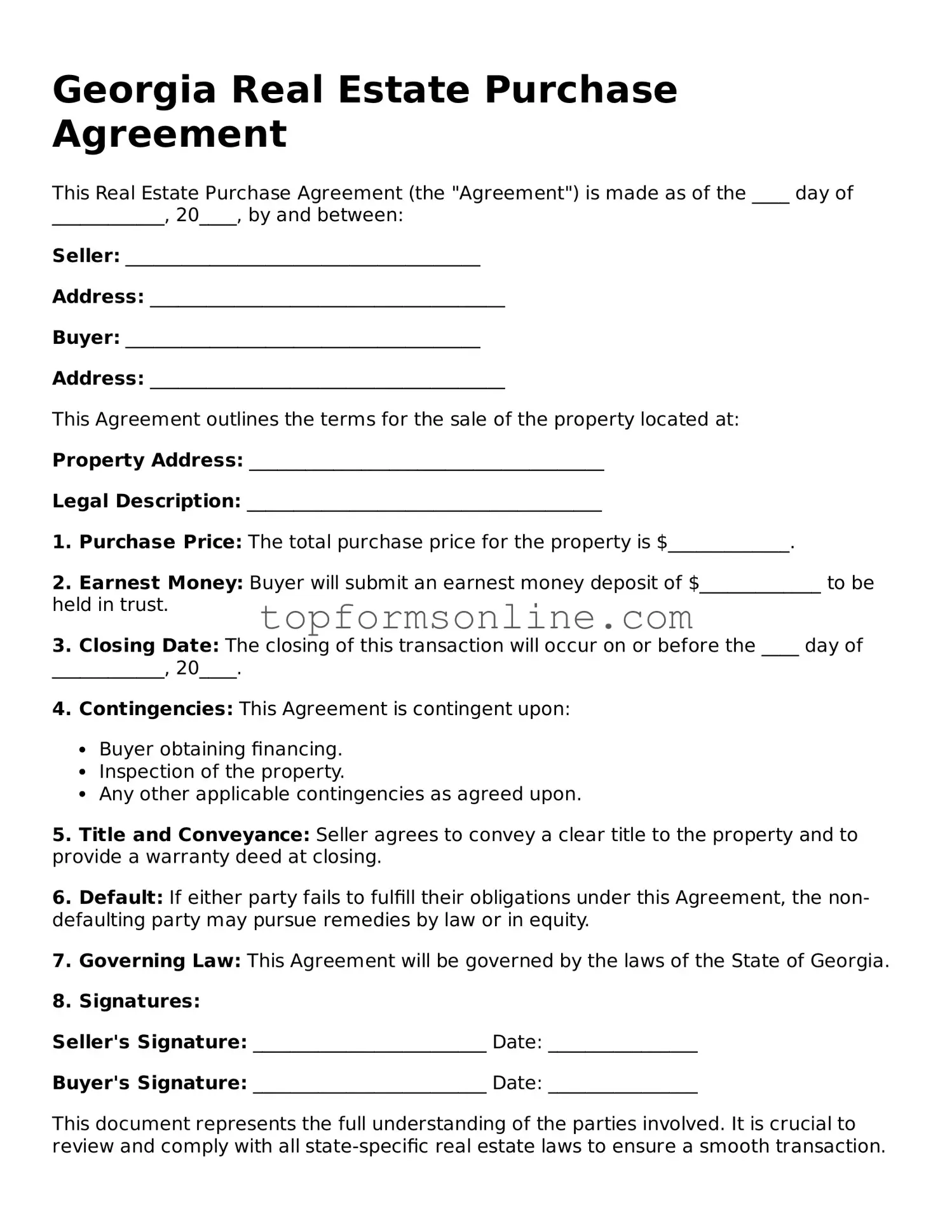 Printable Georgia Real Estate Purchase Agreement Template