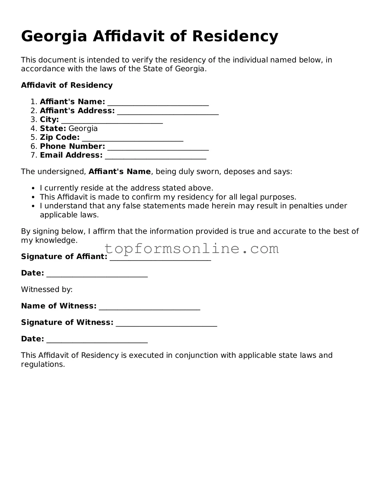 Printable Georgia Affidavit of Residency Template