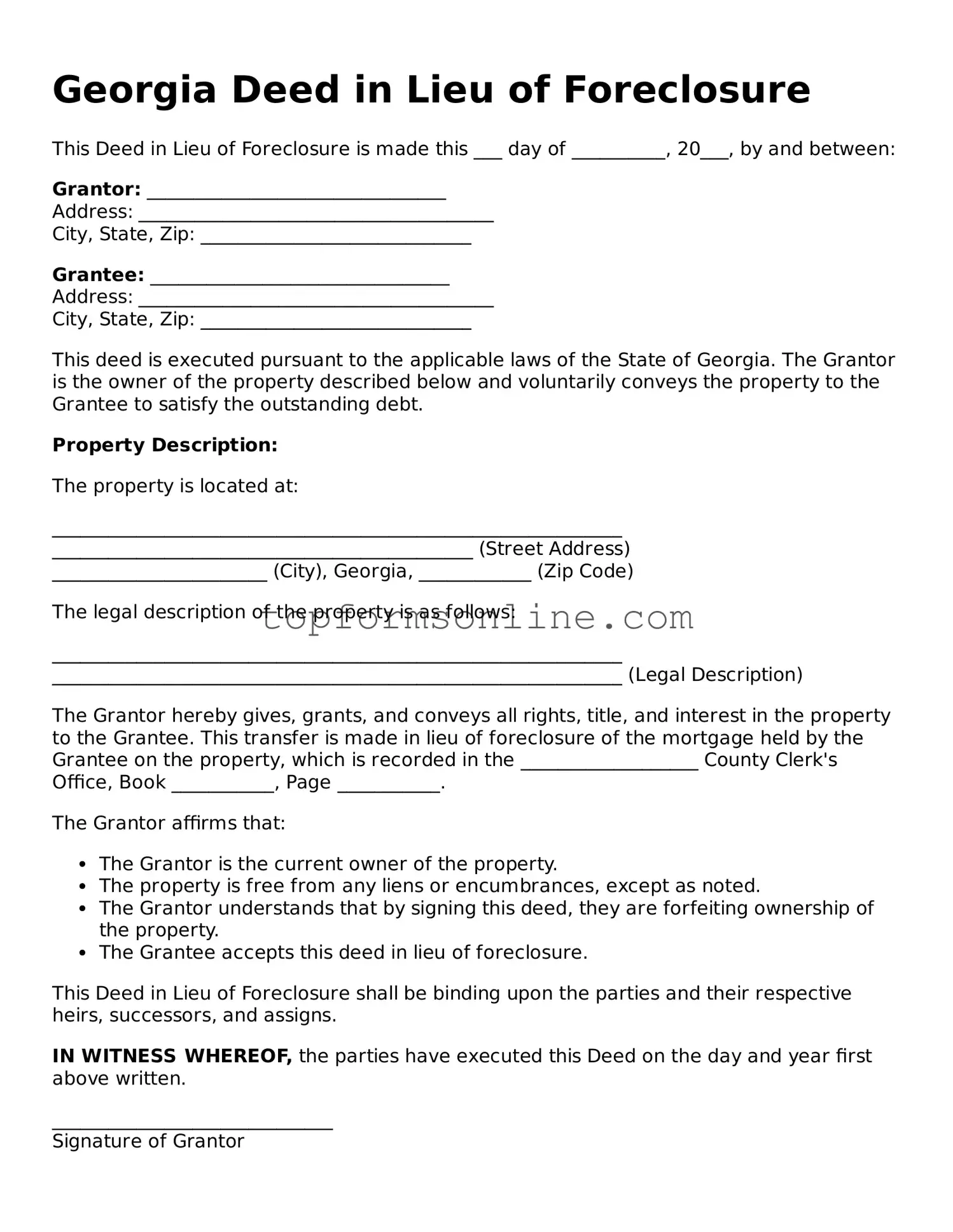 Printable Georgia Deed in Lieu of Foreclosure Template