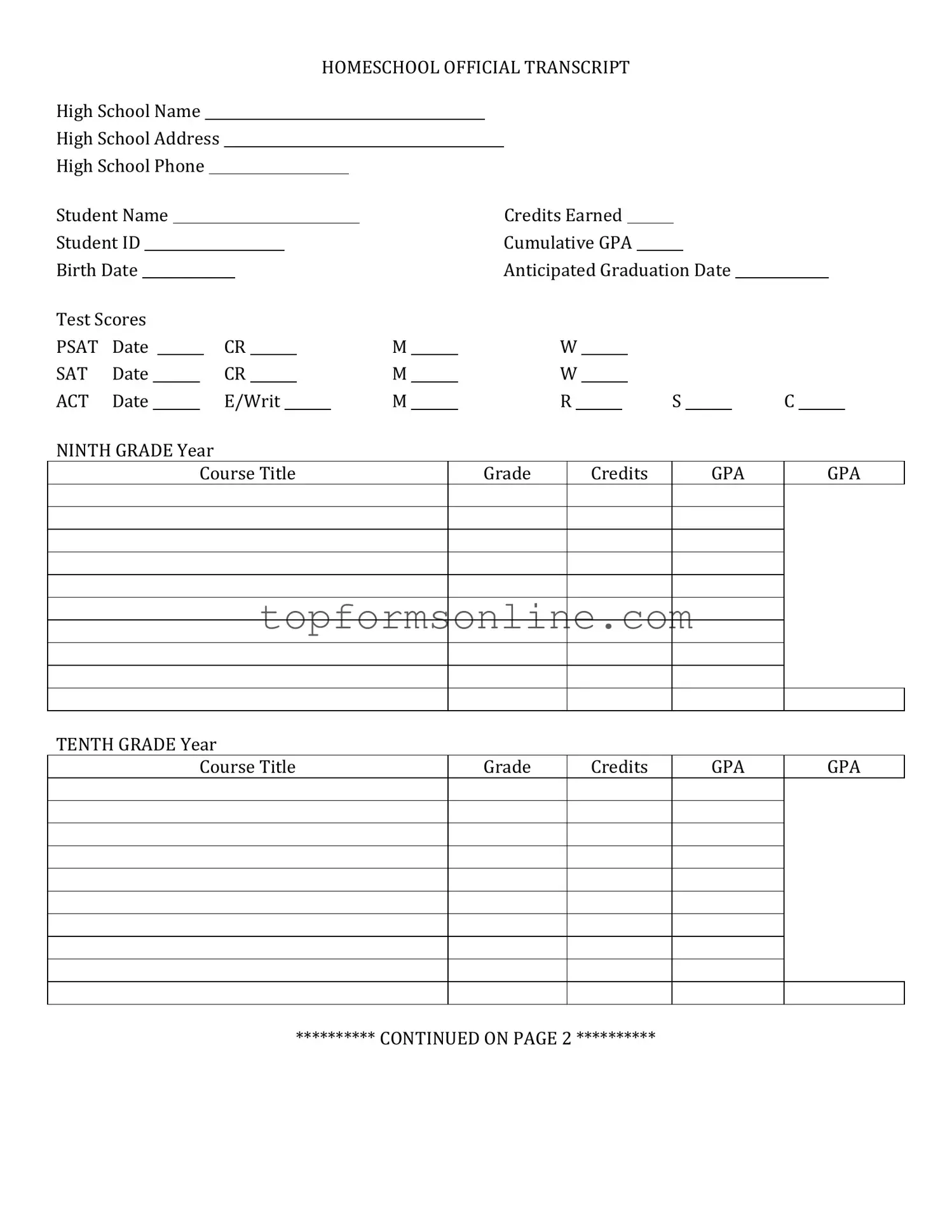 Fill Out a Valid High School Transcript Form