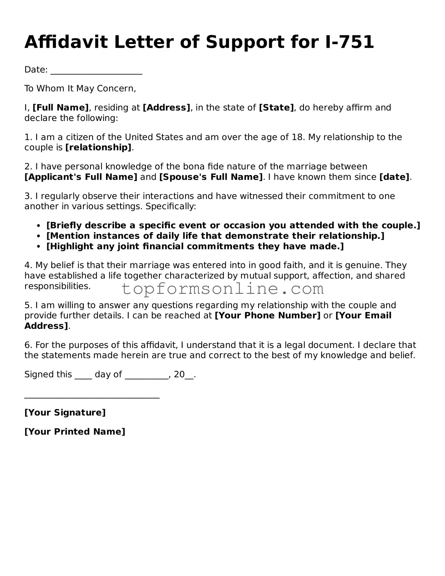Valid Affidavit Letter of Support for I-751 Template