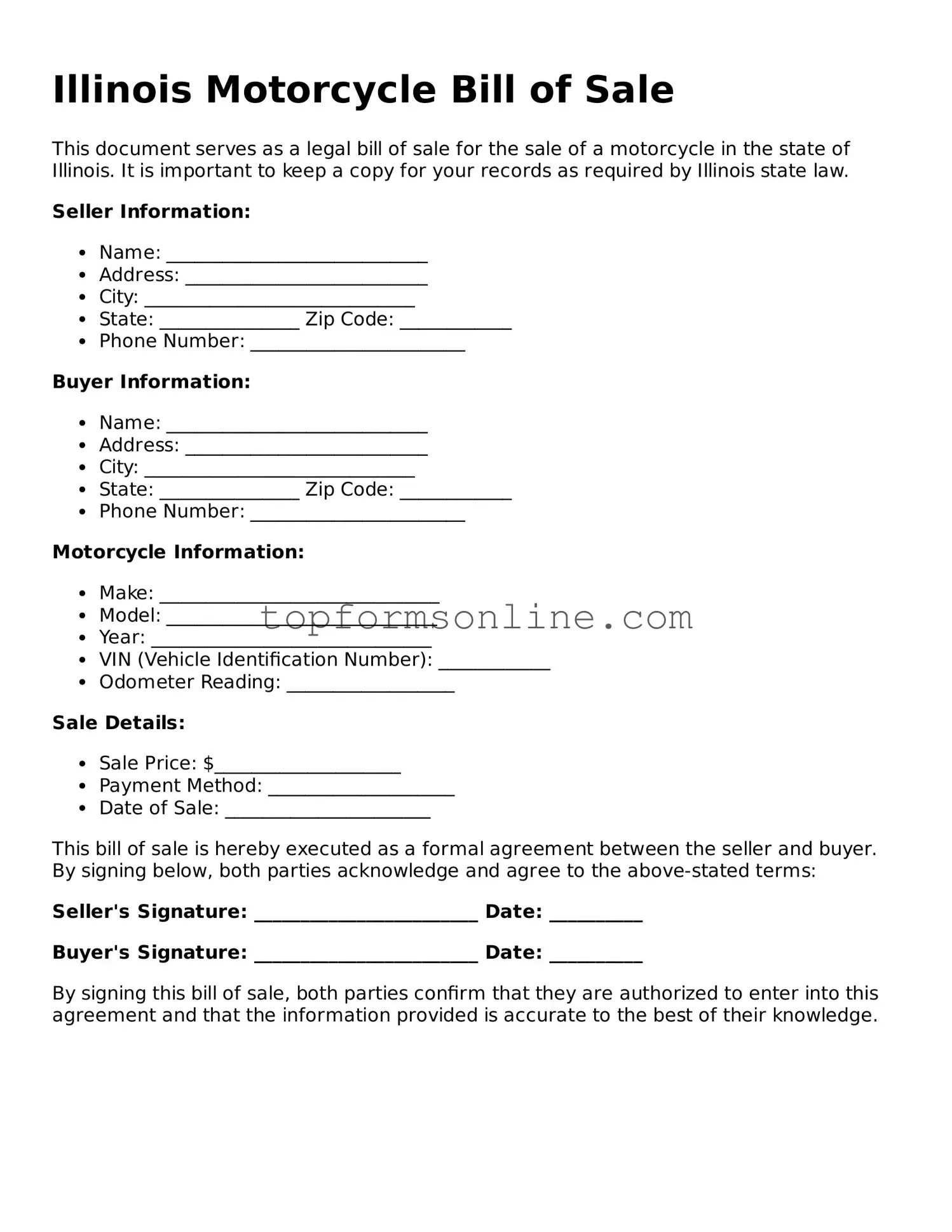 Printable Illinois Motorcycle Bill of Sale Template