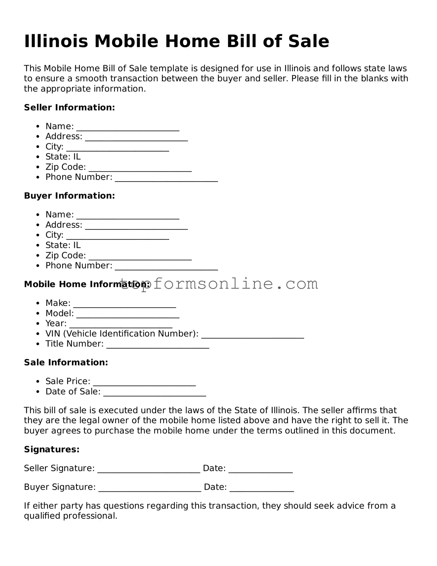 Printable Illinois Mobile Home Bill of Sale Template