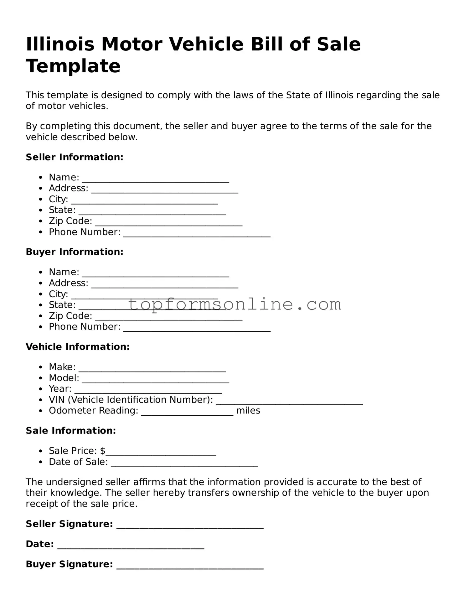 Printable Illinois Motor Vehicle Bill of Sale Template