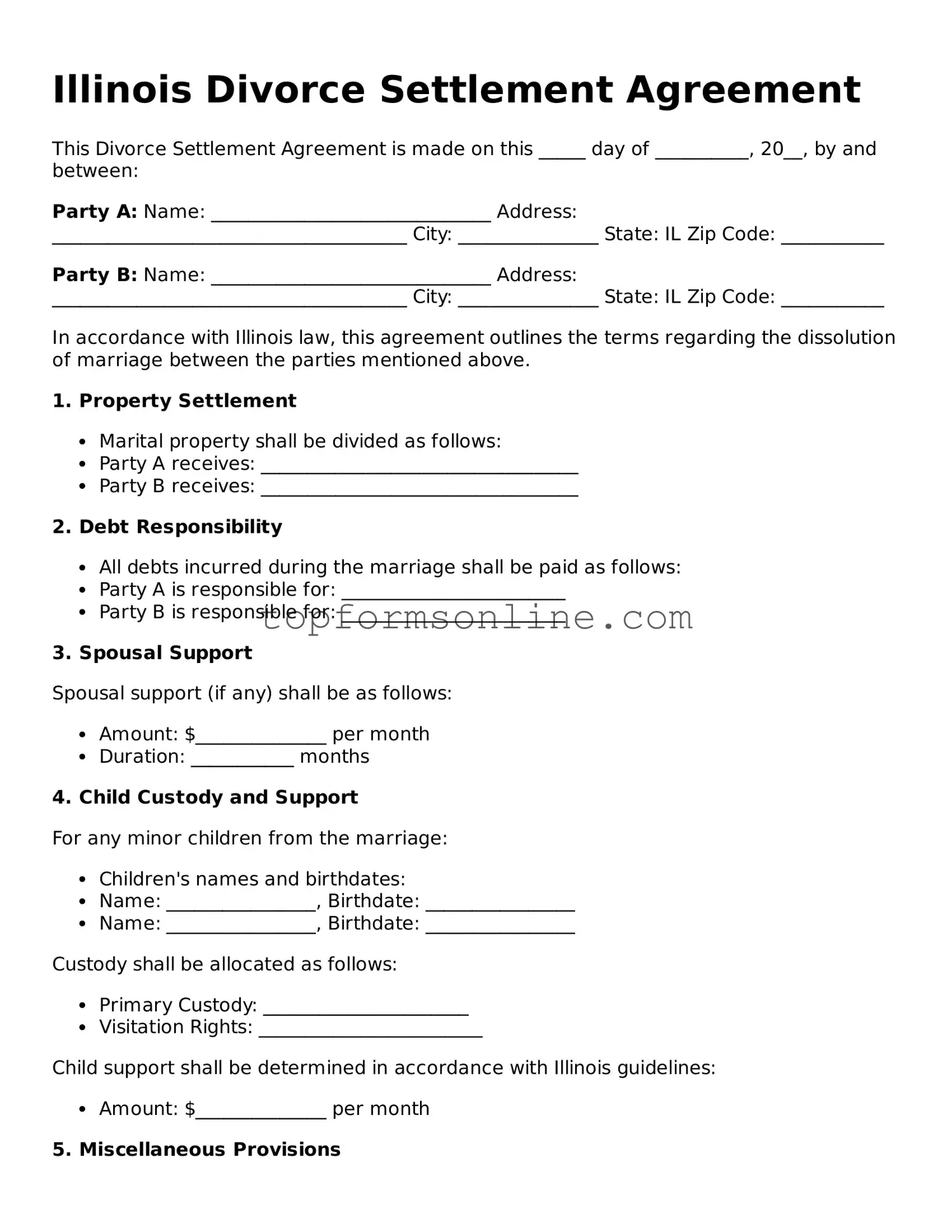 Printable Illinois Divorce Settlement Agreement Template