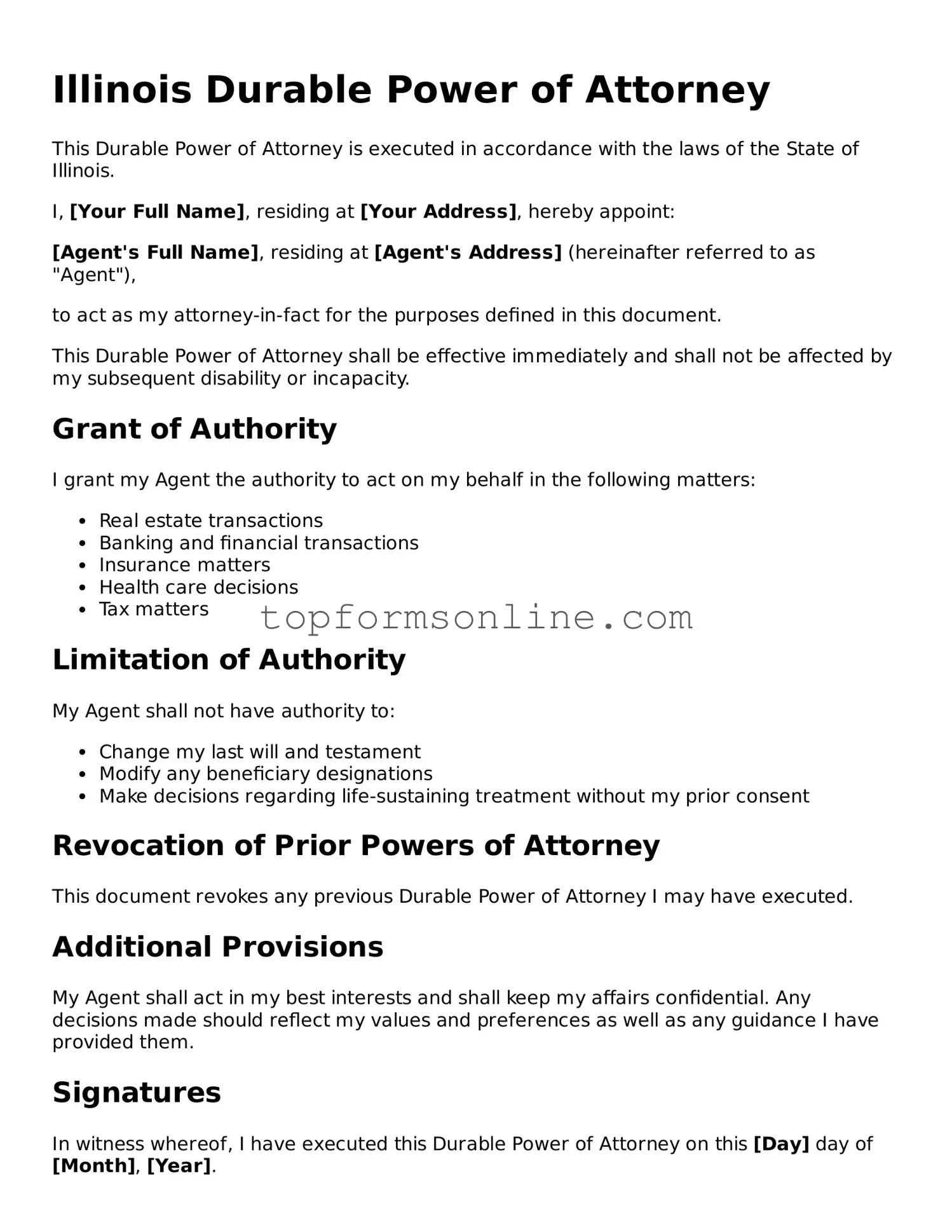 Printable Illinois Durable Power of Attorney Template