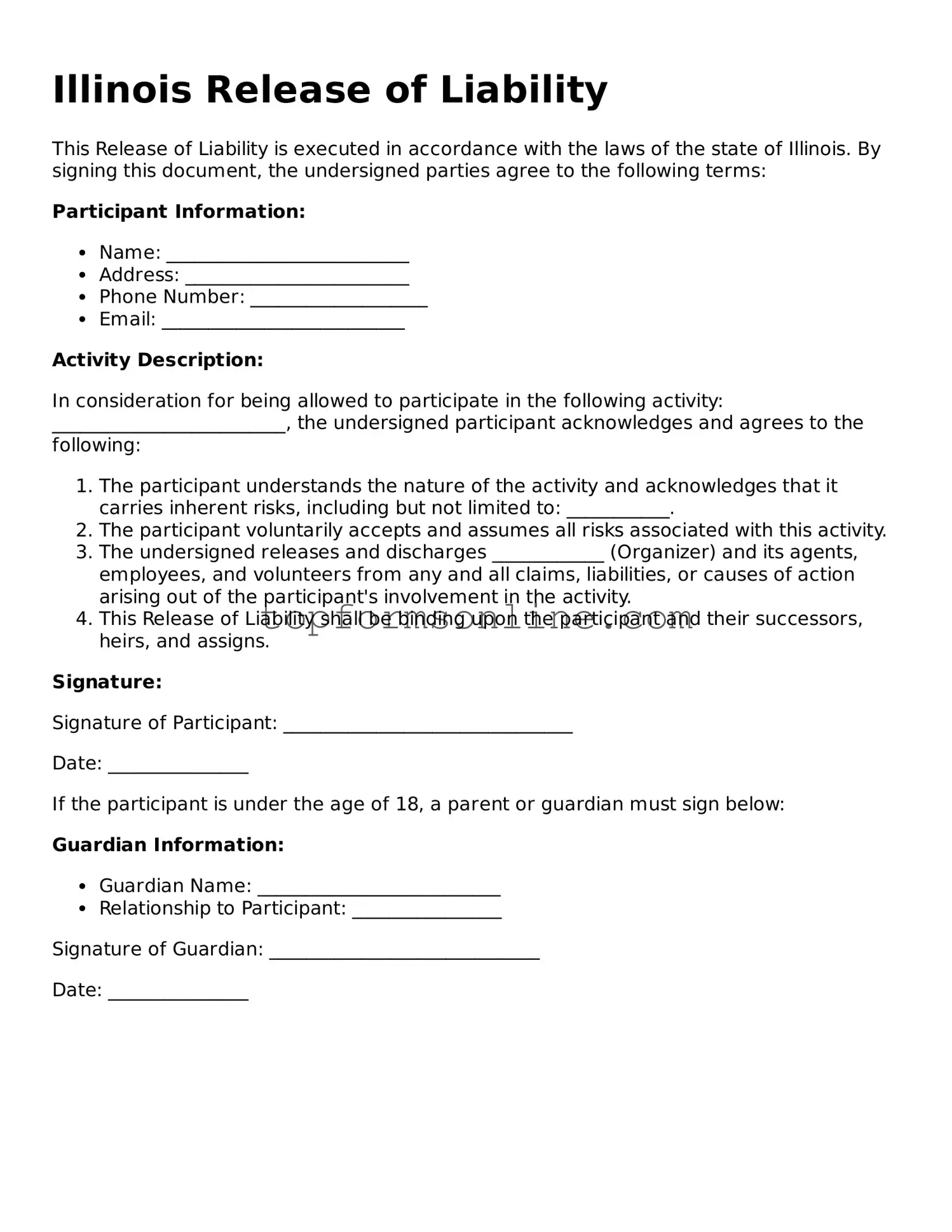Printable Illinois Release of Liability Template