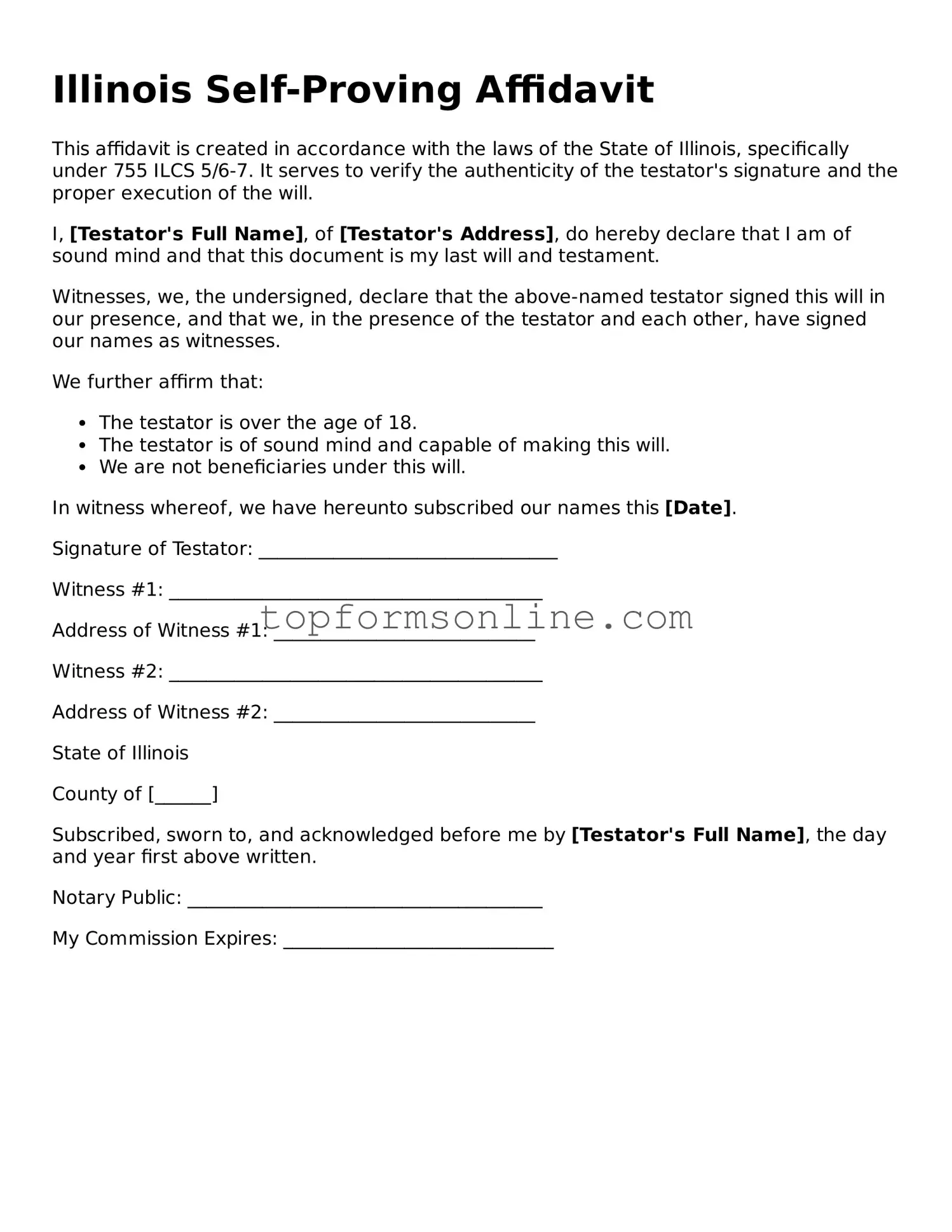 Printable Illinois Self-Proving Affidavit Template