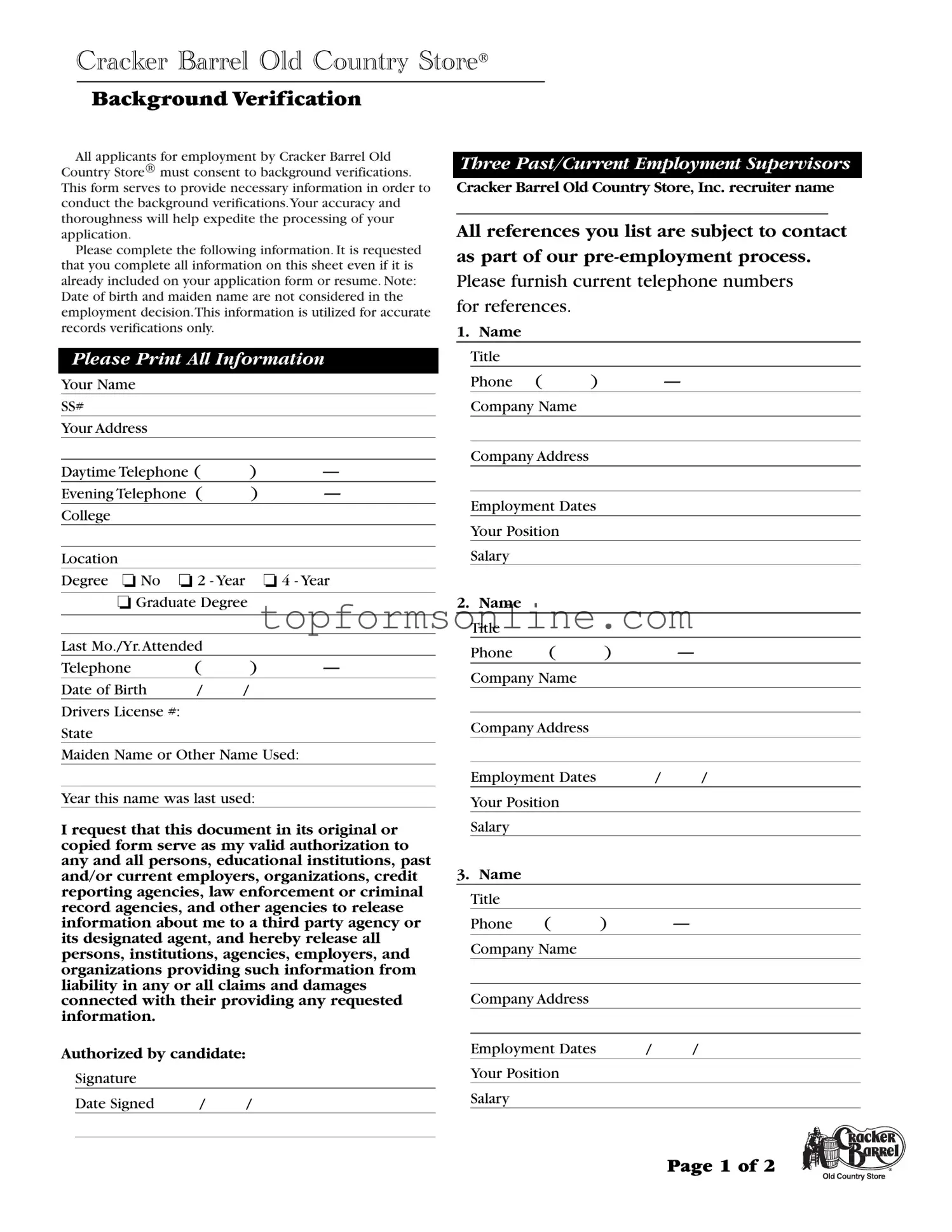 Fill Out a Valid Cracker Barrel Background Check Form