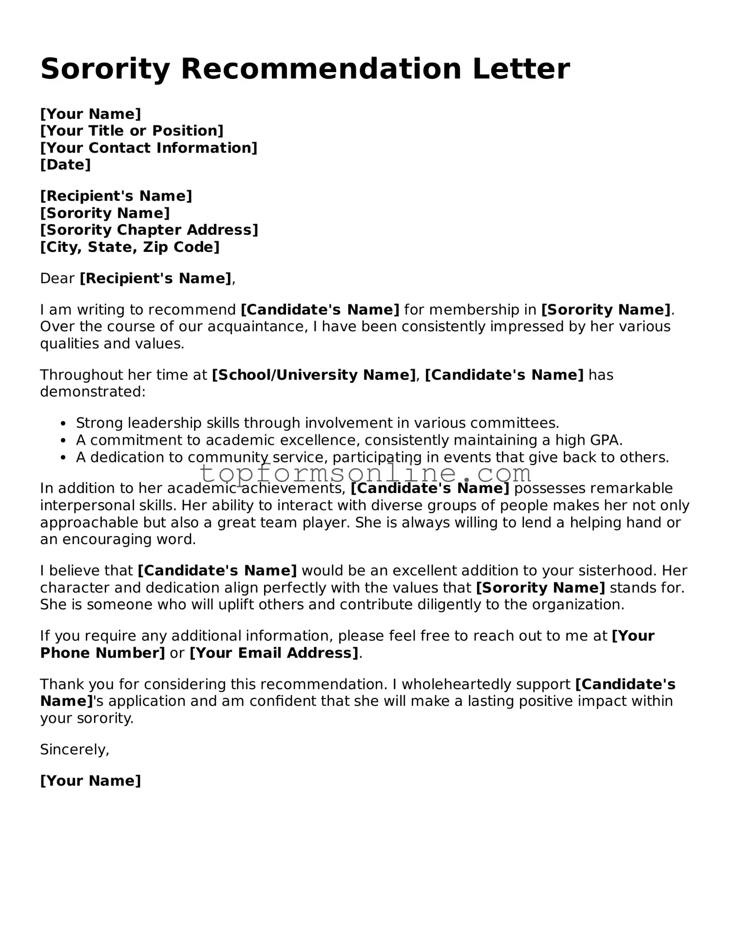 Valid Sorority Recommendation Letter Template