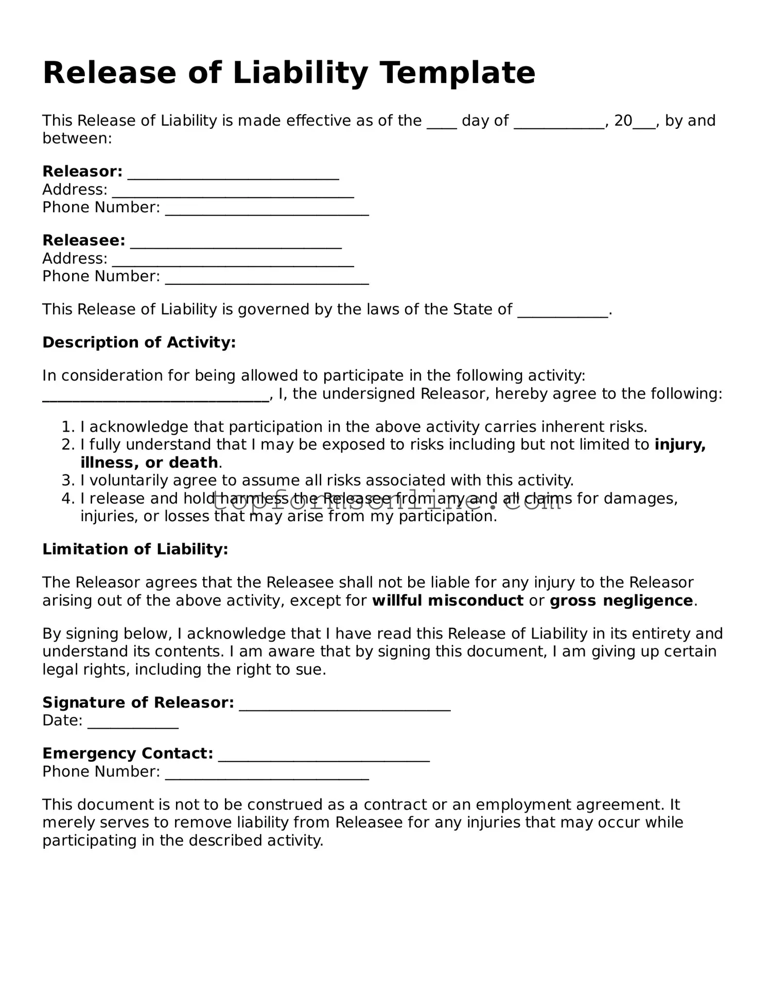 Valid Release of Liability Template
