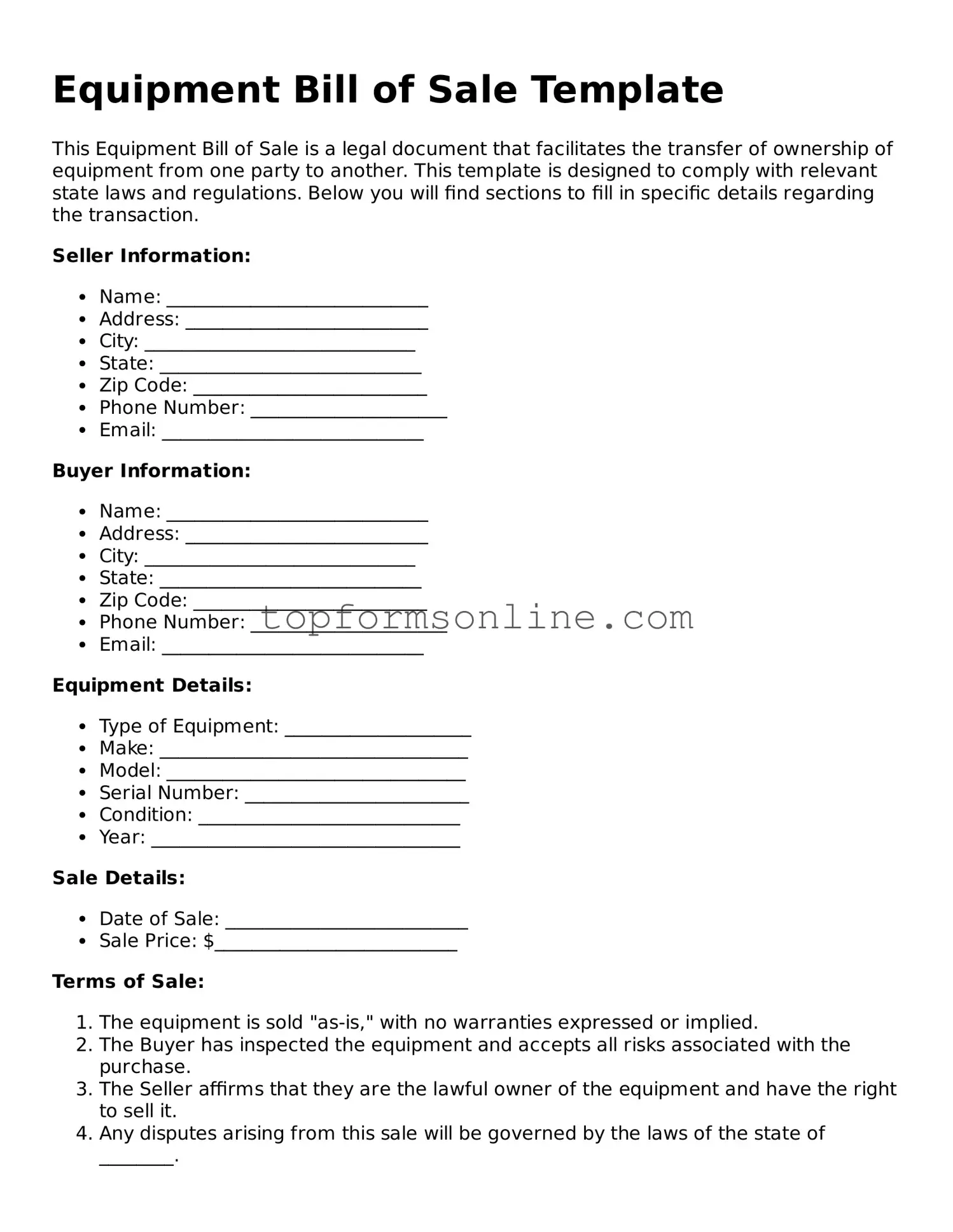 Valid Equipment Bill of Sale Template