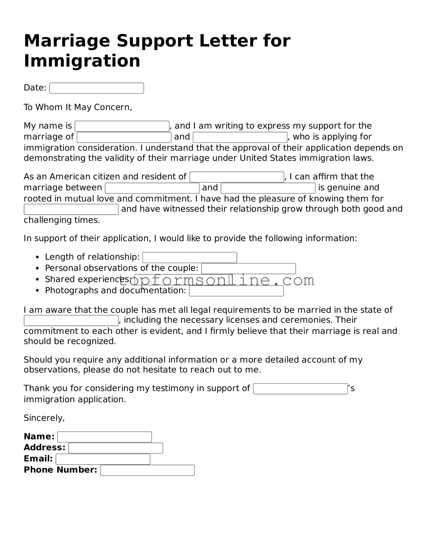 Valid Marriage Support Letter for Immigration Template