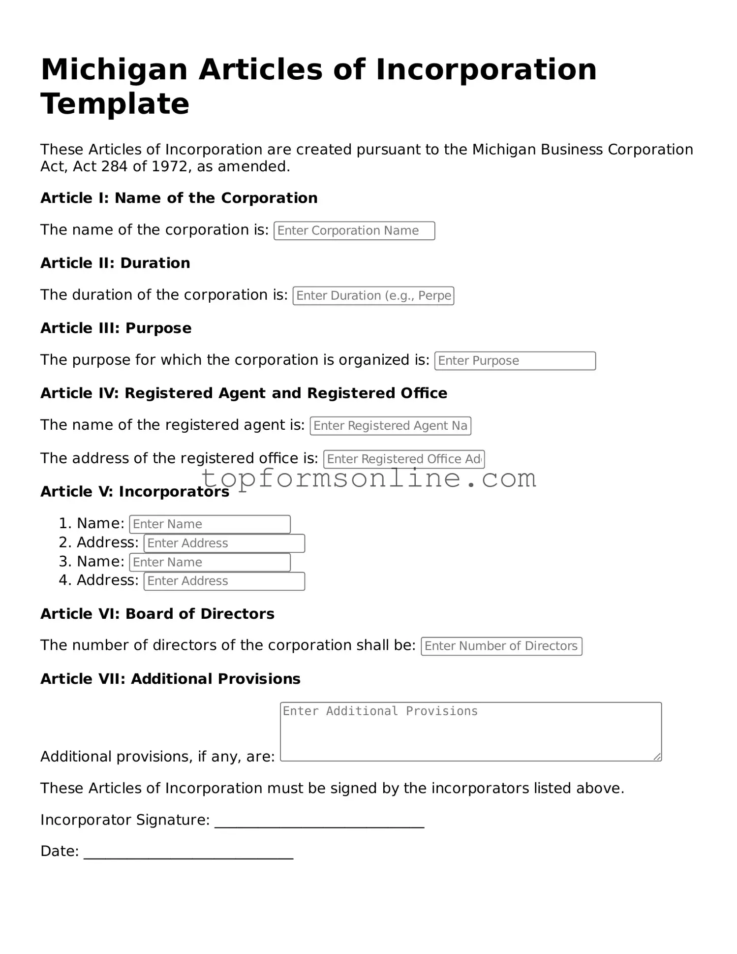 Printable Michigan Articles of Incorporation Template