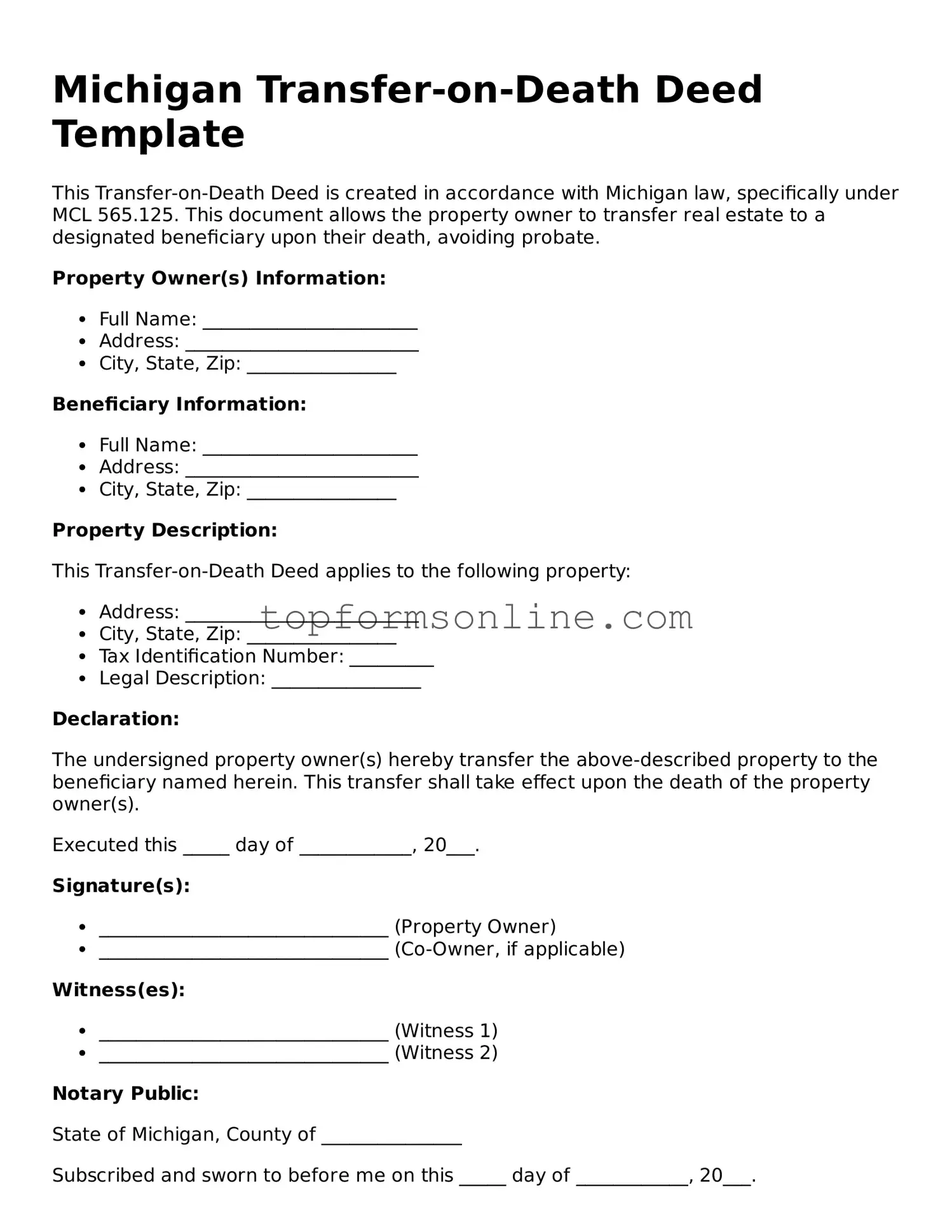 Printable Michigan Transfer-on-Death Deed Template