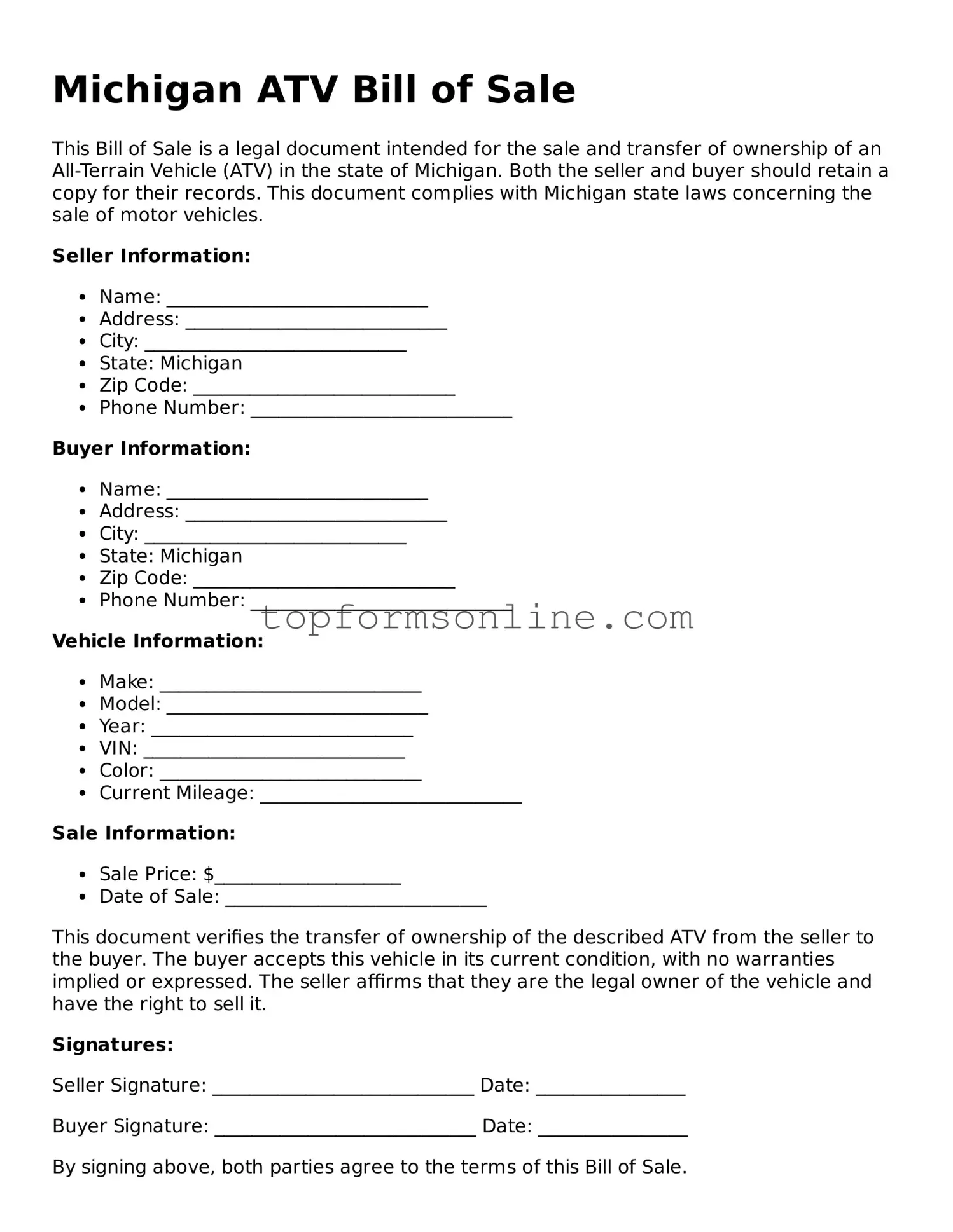 Printable Michigan ATV Bill of Sale Template