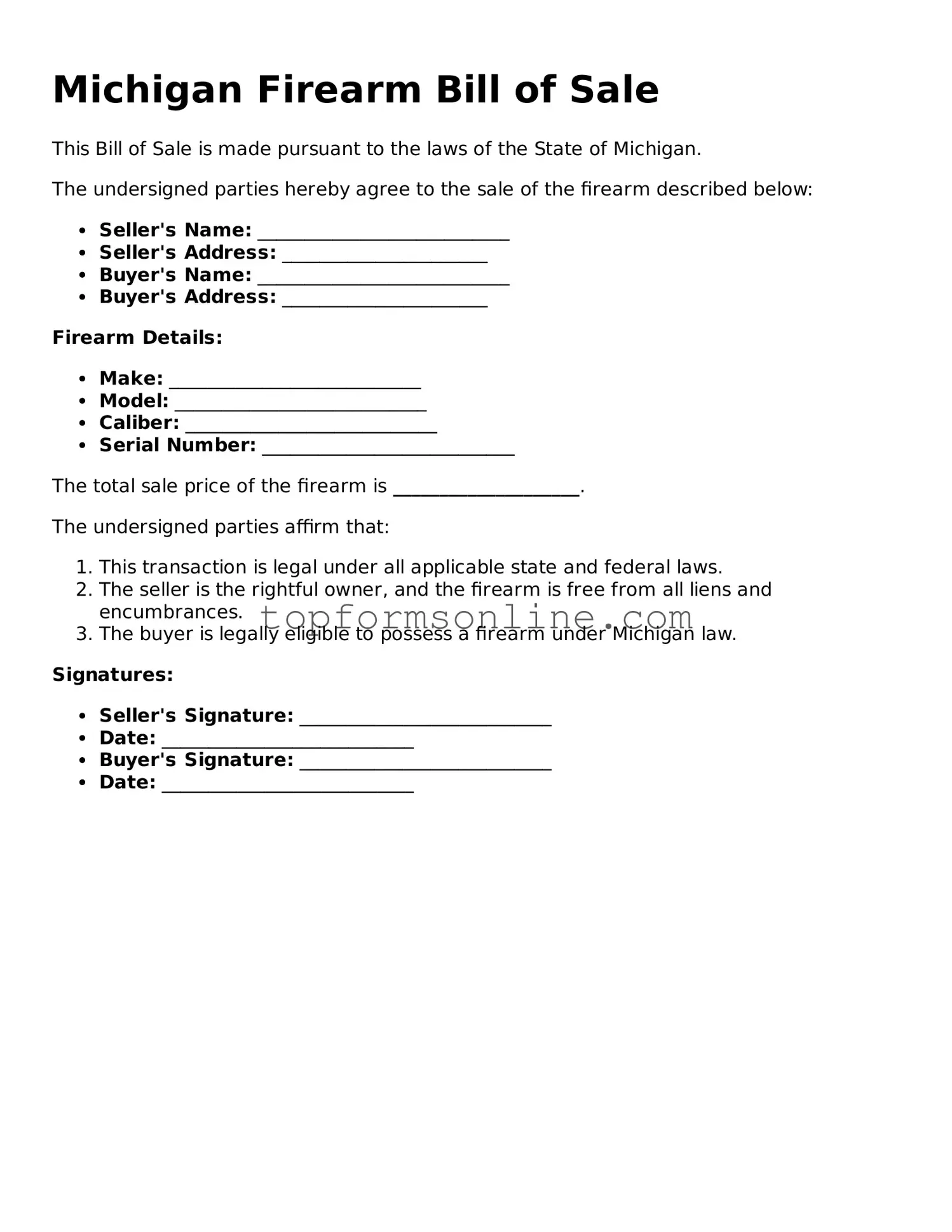 Printable Michigan Firearm Bill of Sale Template
