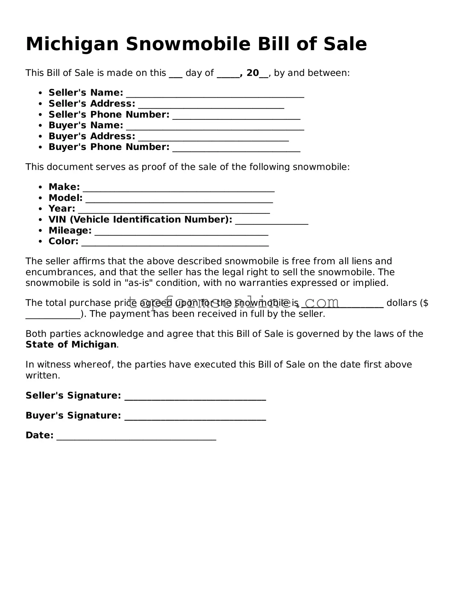 Printable Michigan Snowmobile Bill of Sale Template