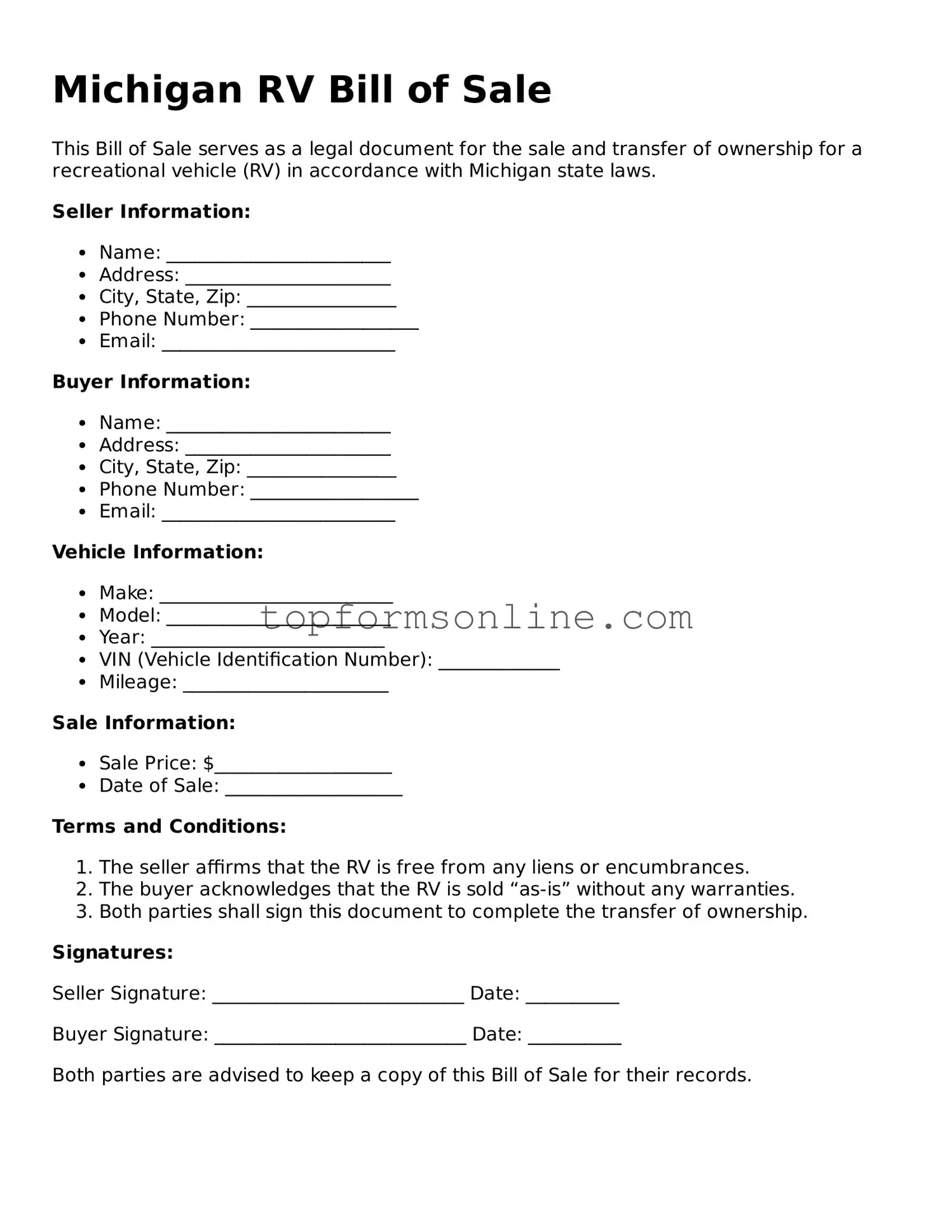 Printable Michigan RV Bill of Sale Template
