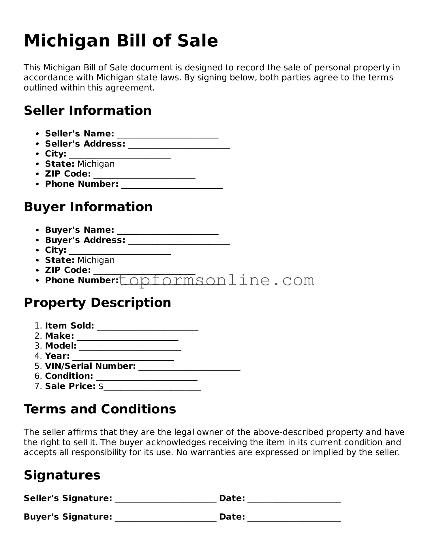 Printable Michigan Bill of Sale Template