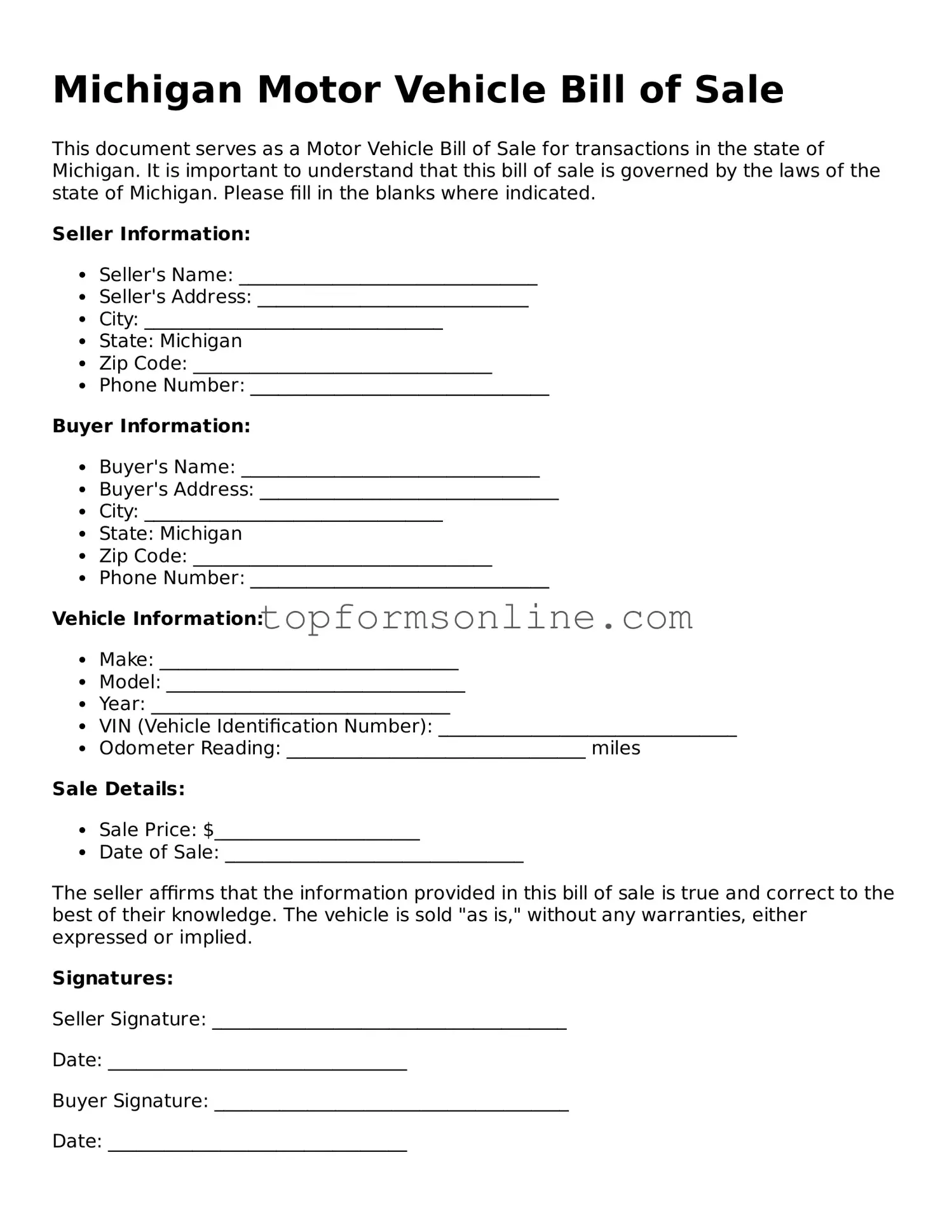 Printable Michigan Motor Vehicle Bill of Sale Template