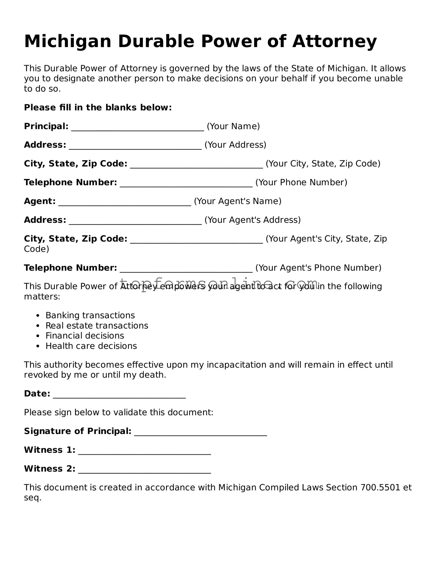 Printable Michigan Durable Power of Attorney Template