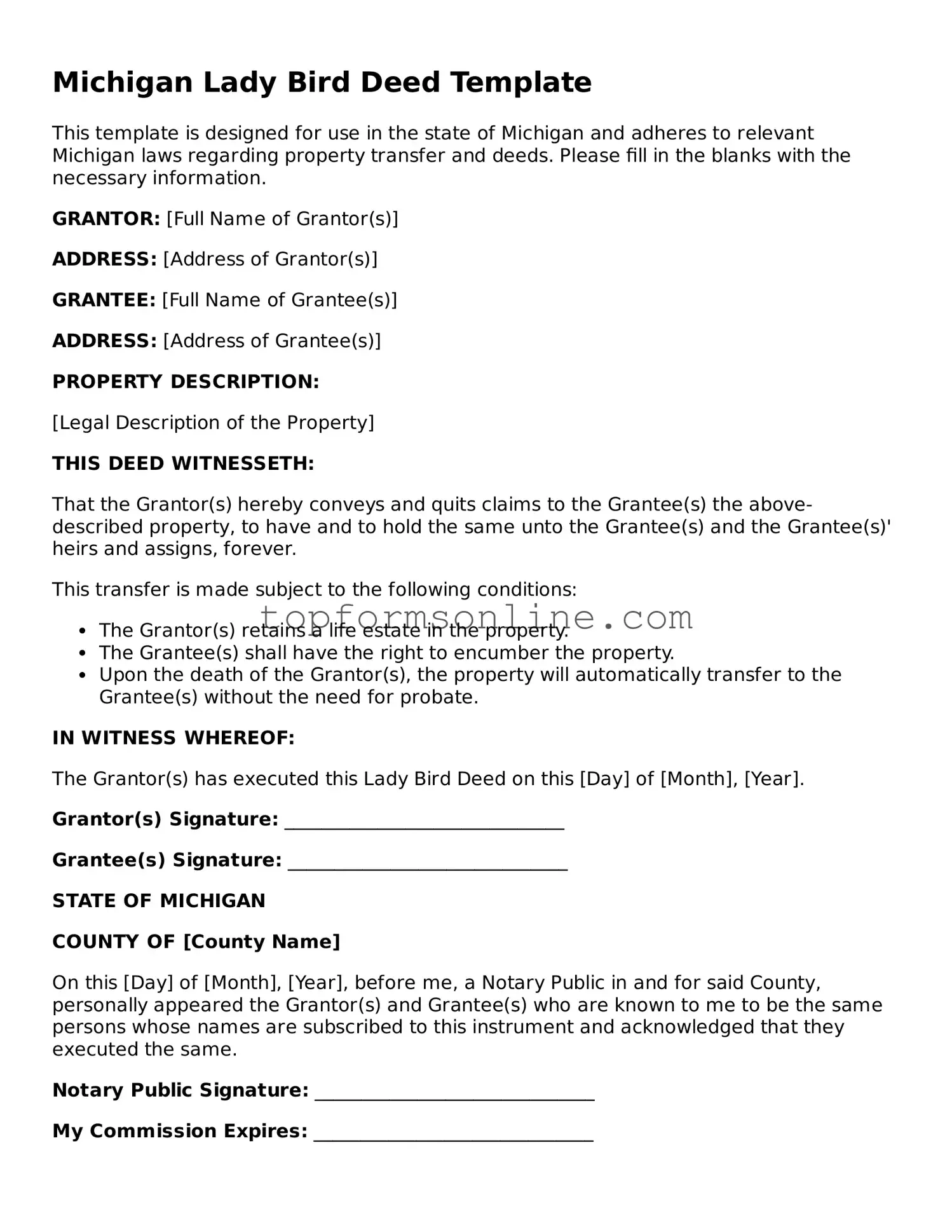 Printable Michigan Lady Bird Deed Template