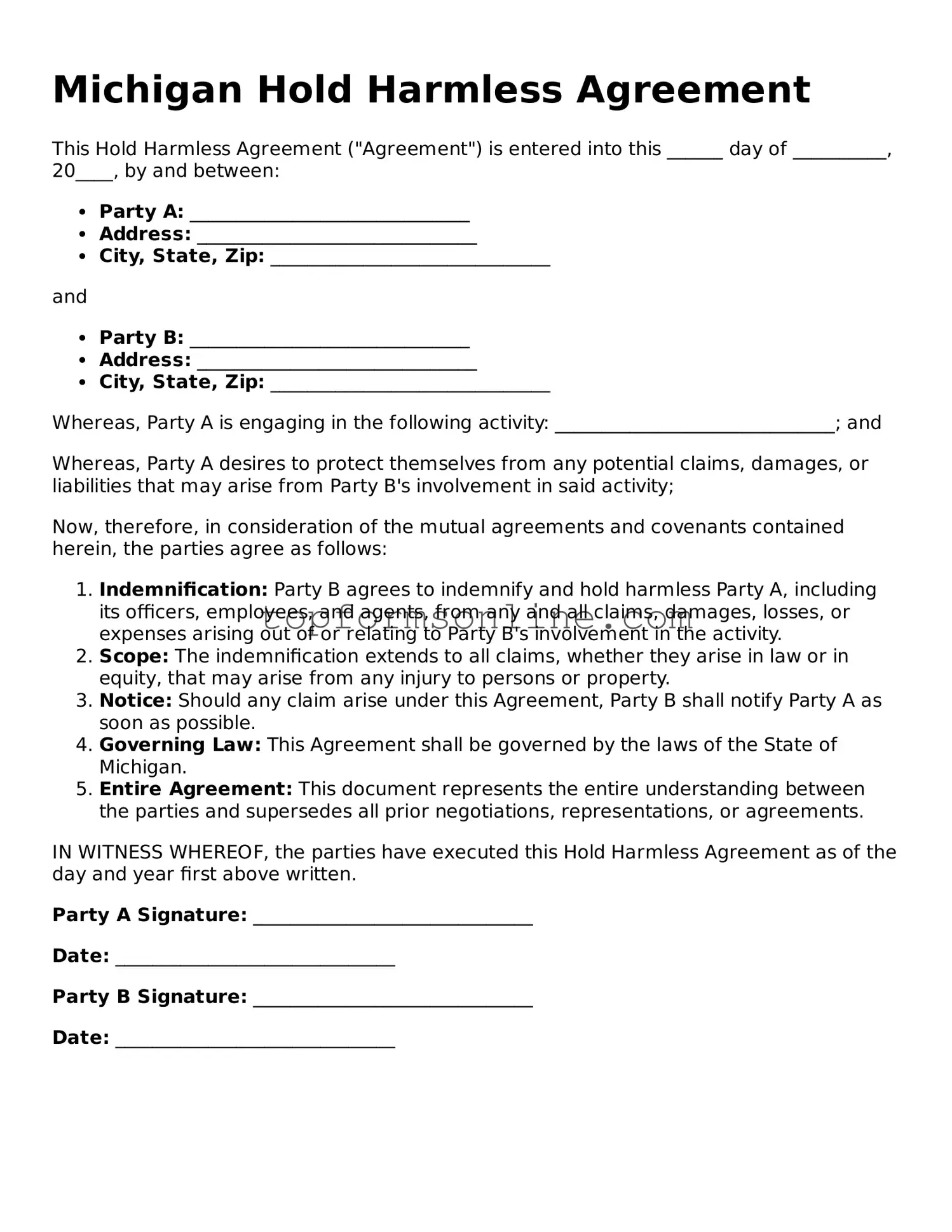 Printable Michigan Hold Harmless Agreement Template