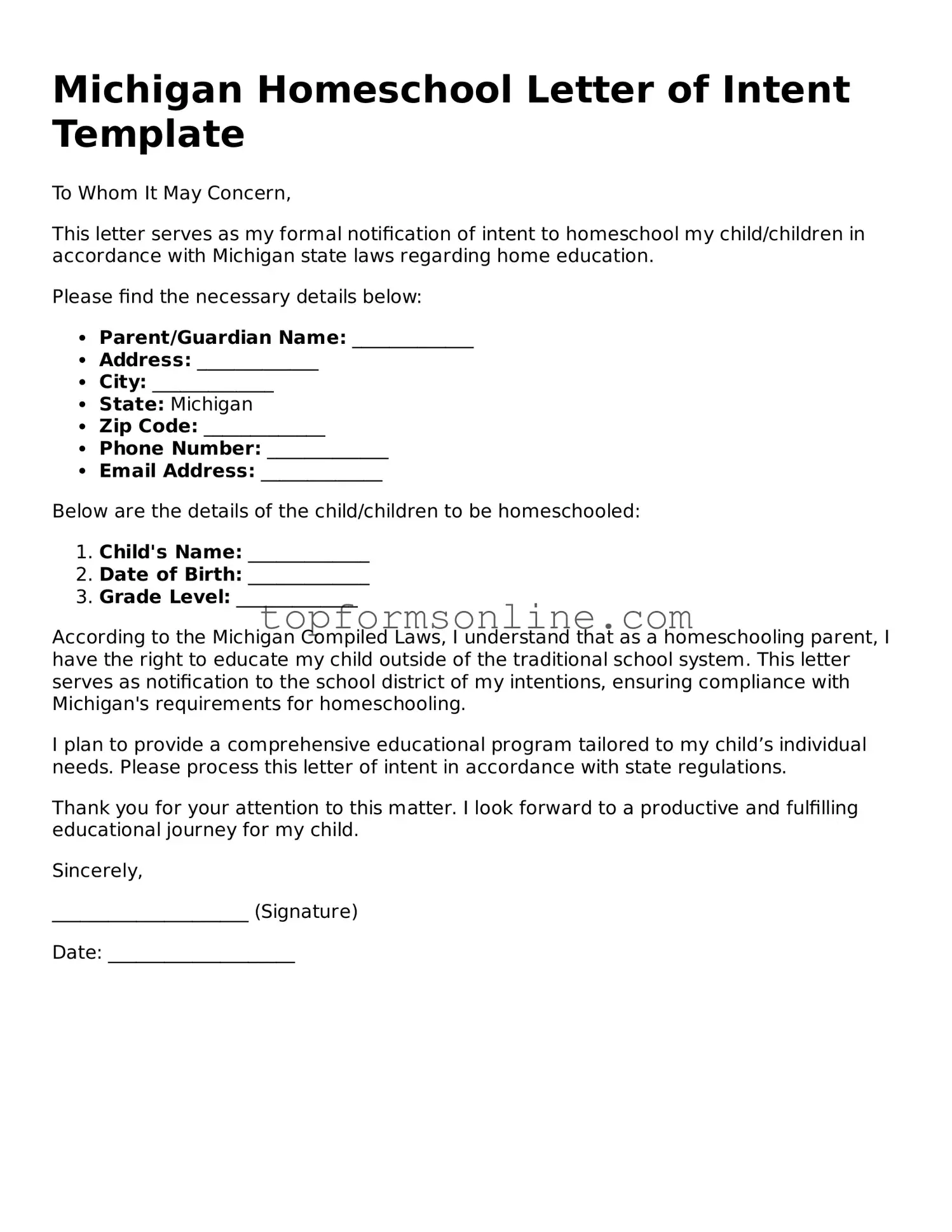 Printable Michigan Homeschool Letter of Intent Template
