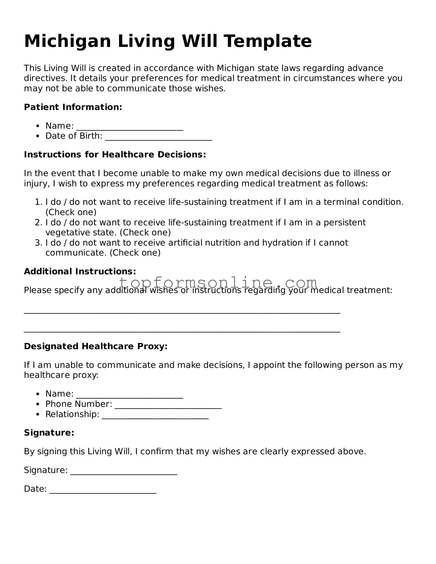 Printable Michigan Living Will Template