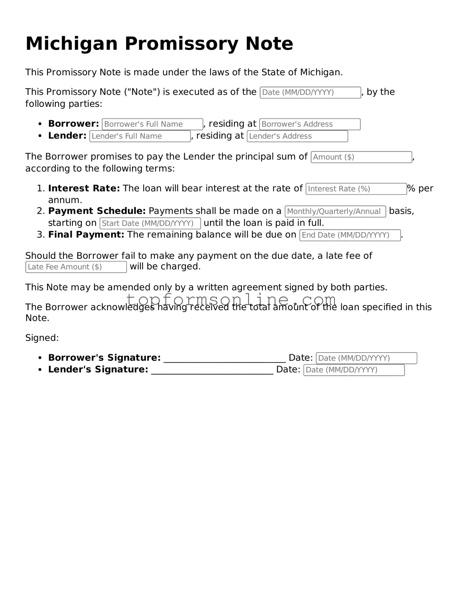 Printable Michigan Promissory Note Template
