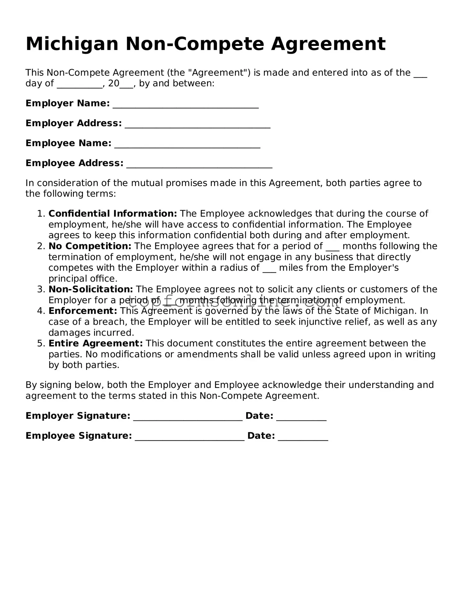 Printable Michigan Non-compete Agreement Template